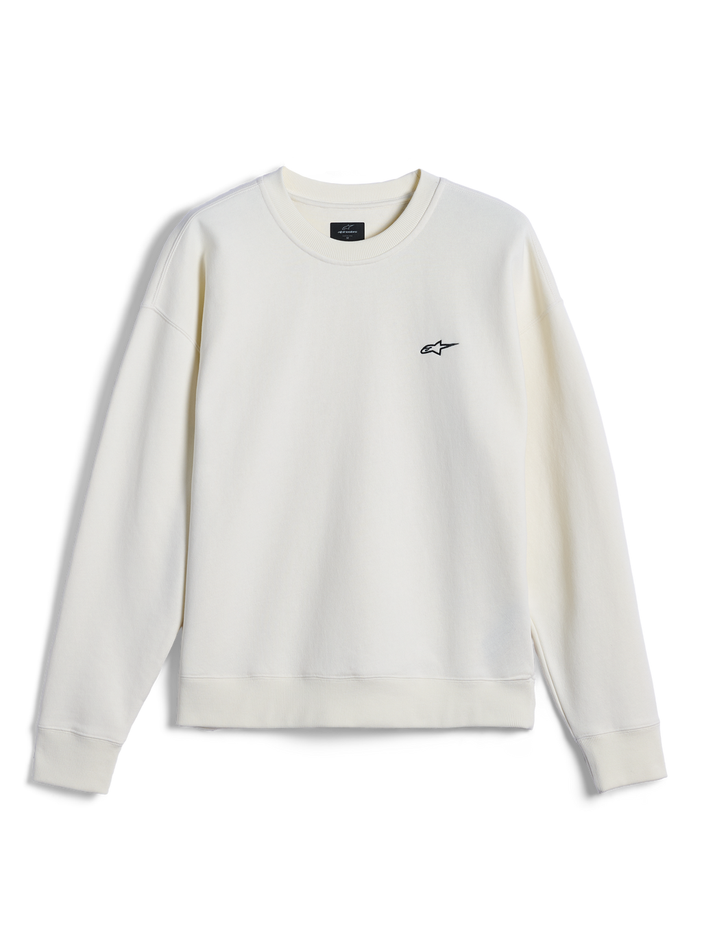 Alpinestars Essentials Ageless Crew, sudadera de cuello redondo, Blanco Roto, pequeño logotipo de Alpinestars negro en el pecho, cuello, puños y dobladillo acanalados, ropa urbana casual inspirada en el automovilismo