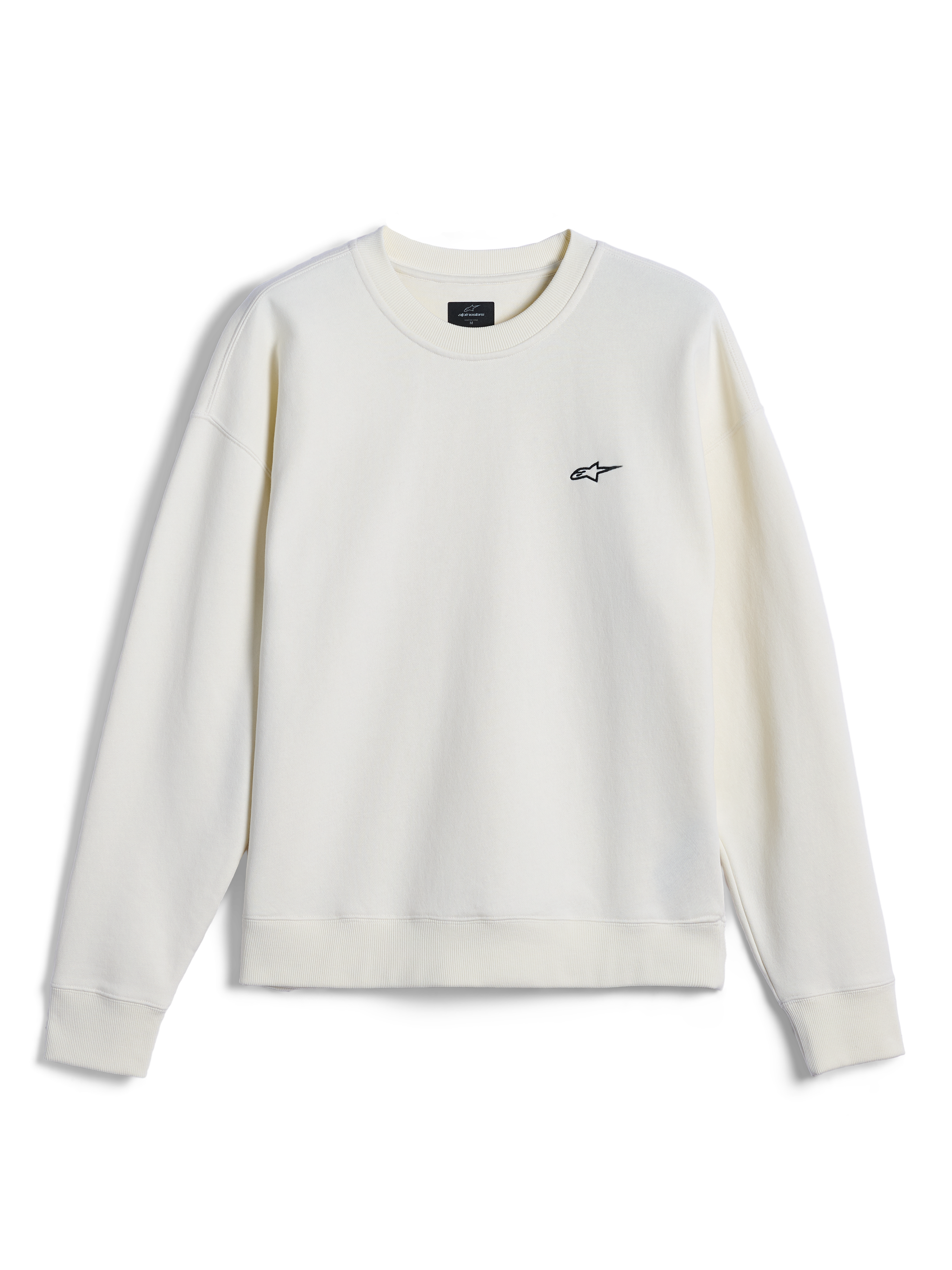 Alpinestars Essentials Ageless Crew, sudadera de cuello redondo, Blanco Roto, pequeño logotipo de Alpinestars negro en el pecho, cuello, puños y dobladillo acanalados, ropa urbana casual inspirada en el automovilismo
