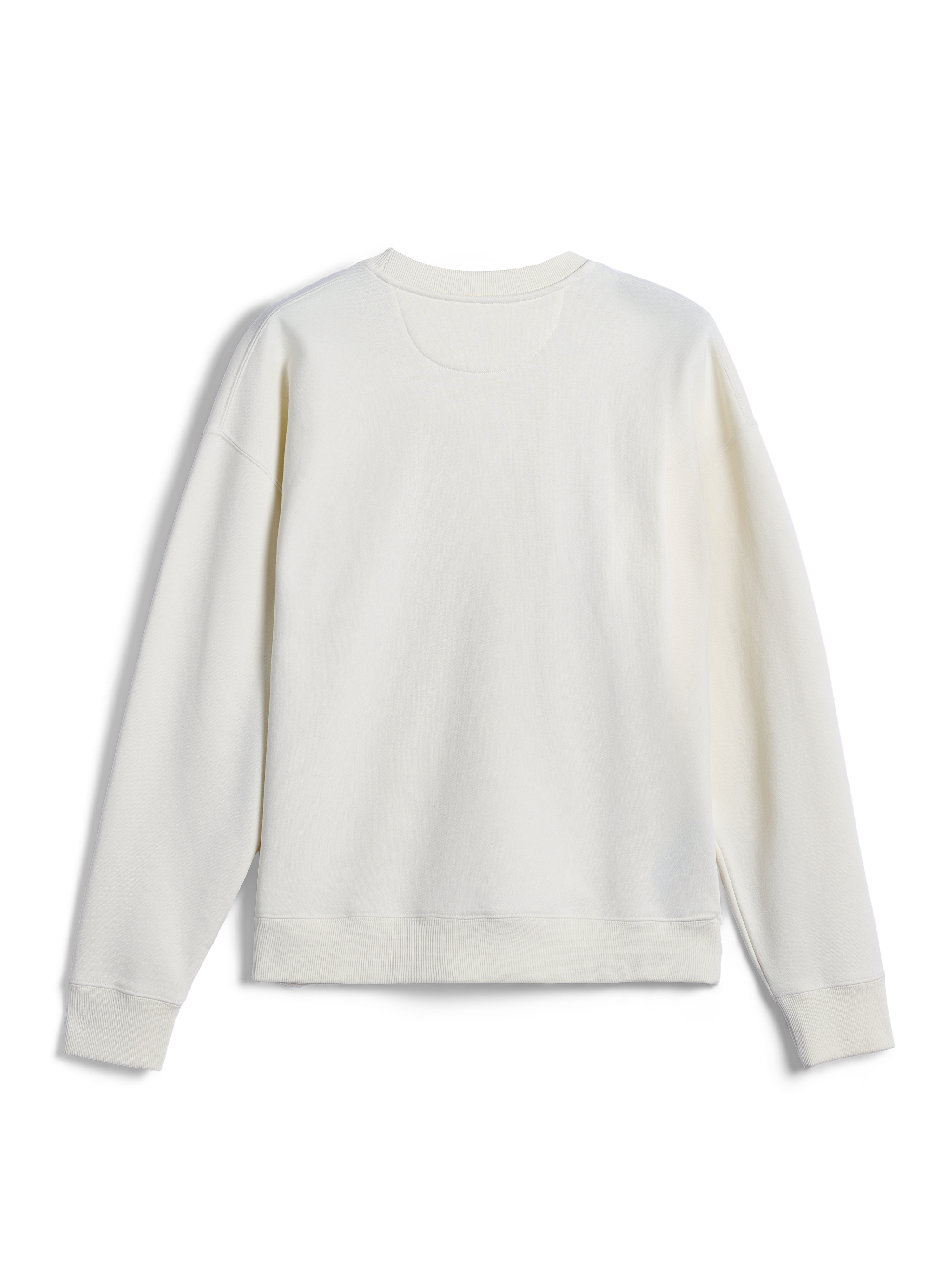 Alpinestars Essentials Ageless Crew, sudadera de cuello redondo, blanco roto, vista posterior que muestra un diseño liso con puños y dobladillo acanalados, ropa urbana informal inspirada en el automovilismo