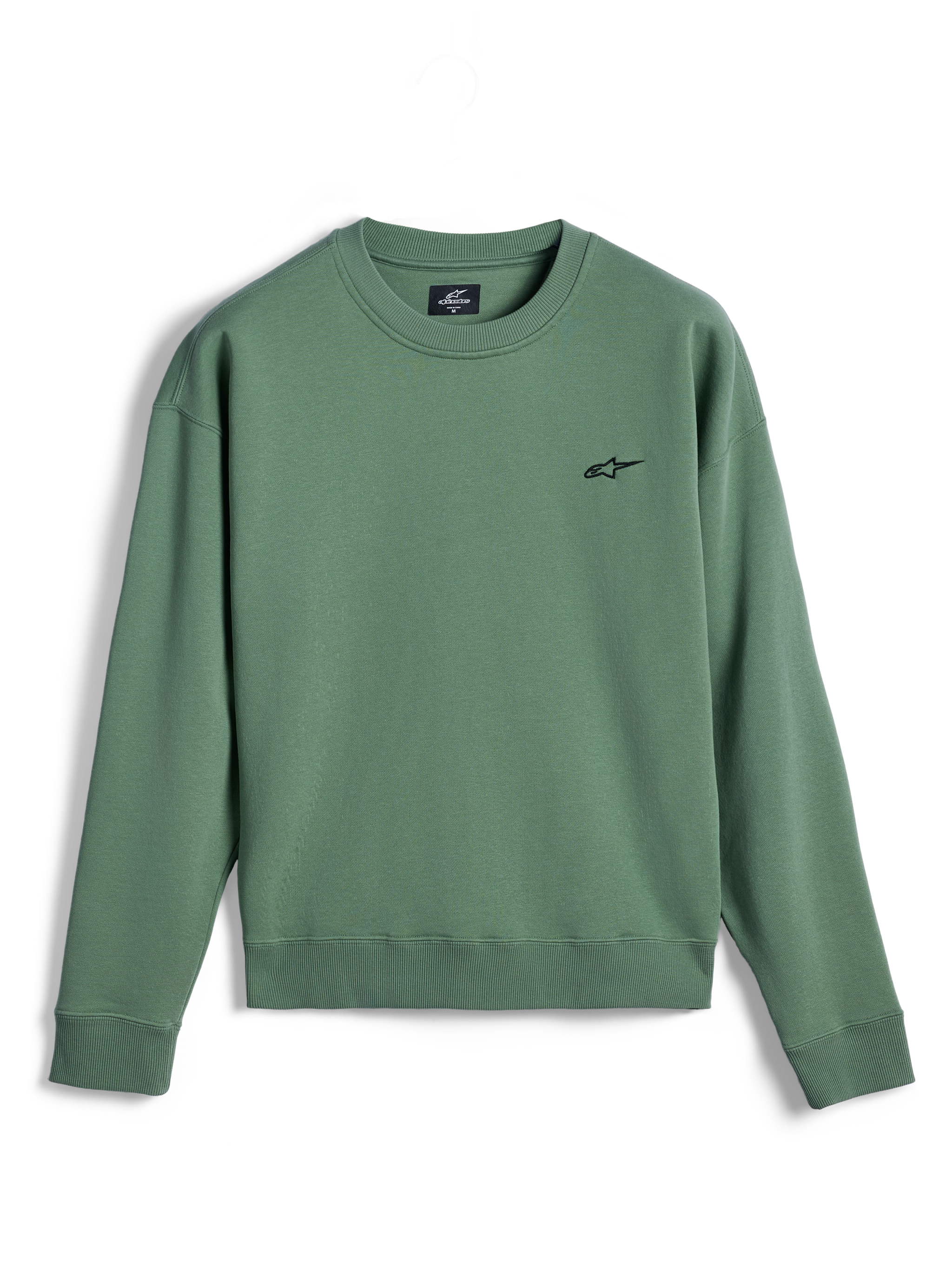 Alpinestars Essentials Ageless Crew, sudadera de cuello redondo, verde cactus, pequeño logotipo Astar negro en el pecho, cuello, puños y dobladillo acanalados, forro polar premium, ropa deportiva casual para fuera de la moto