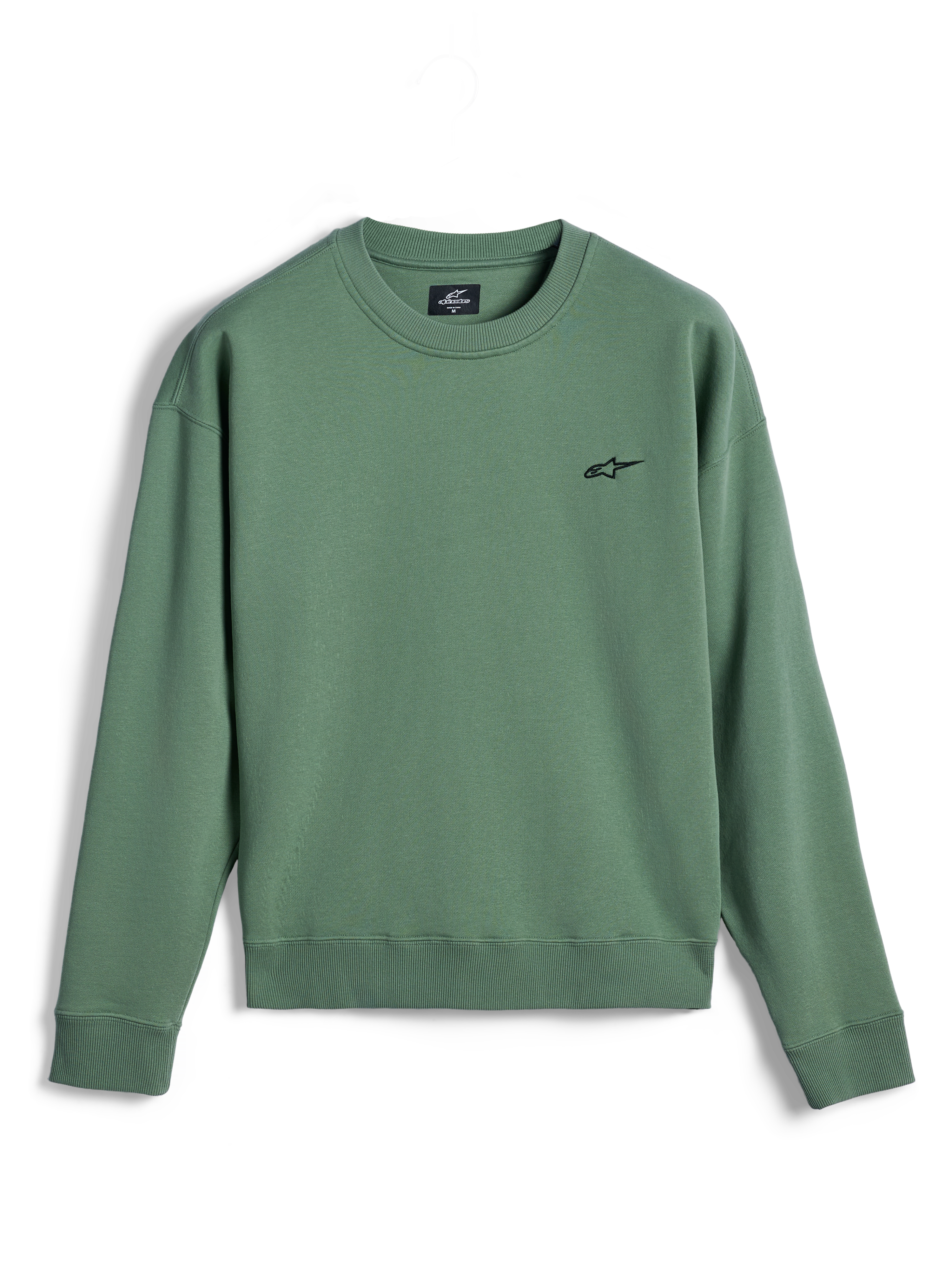 Alpinestars Essentials Ageless Crew, sudadera de cuello redondo, verde cactus, pequeño logotipo Astar negro en el pecho, cuello, puños y dobladillo acanalados, forro polar premium, ropa deportiva casual para fuera de la moto