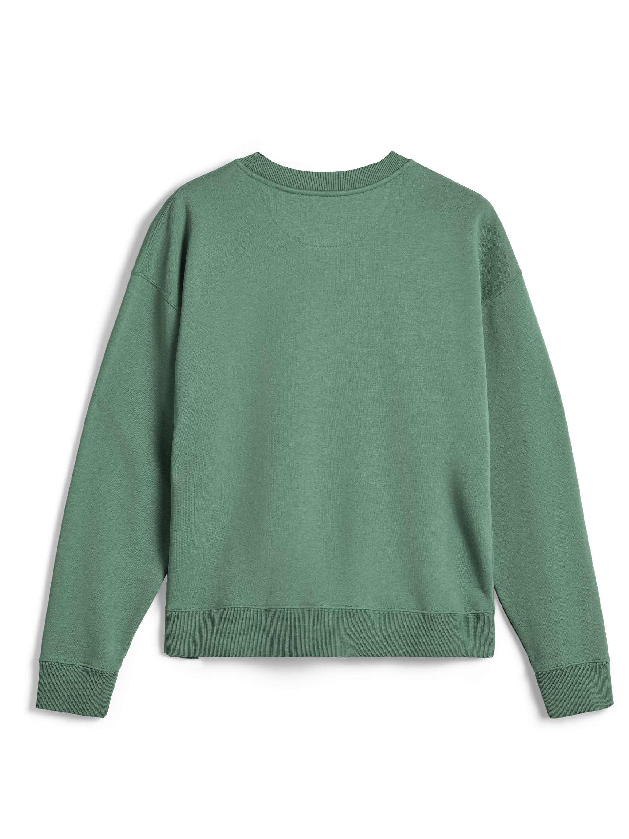 Alpinestars Essentials Ageless Crew, sudadera de cuello redondo premium, verde cactus, vista trasera que muestra el cuello, puños y dobladillo acanalados, color sólido, ropa deportiva casual