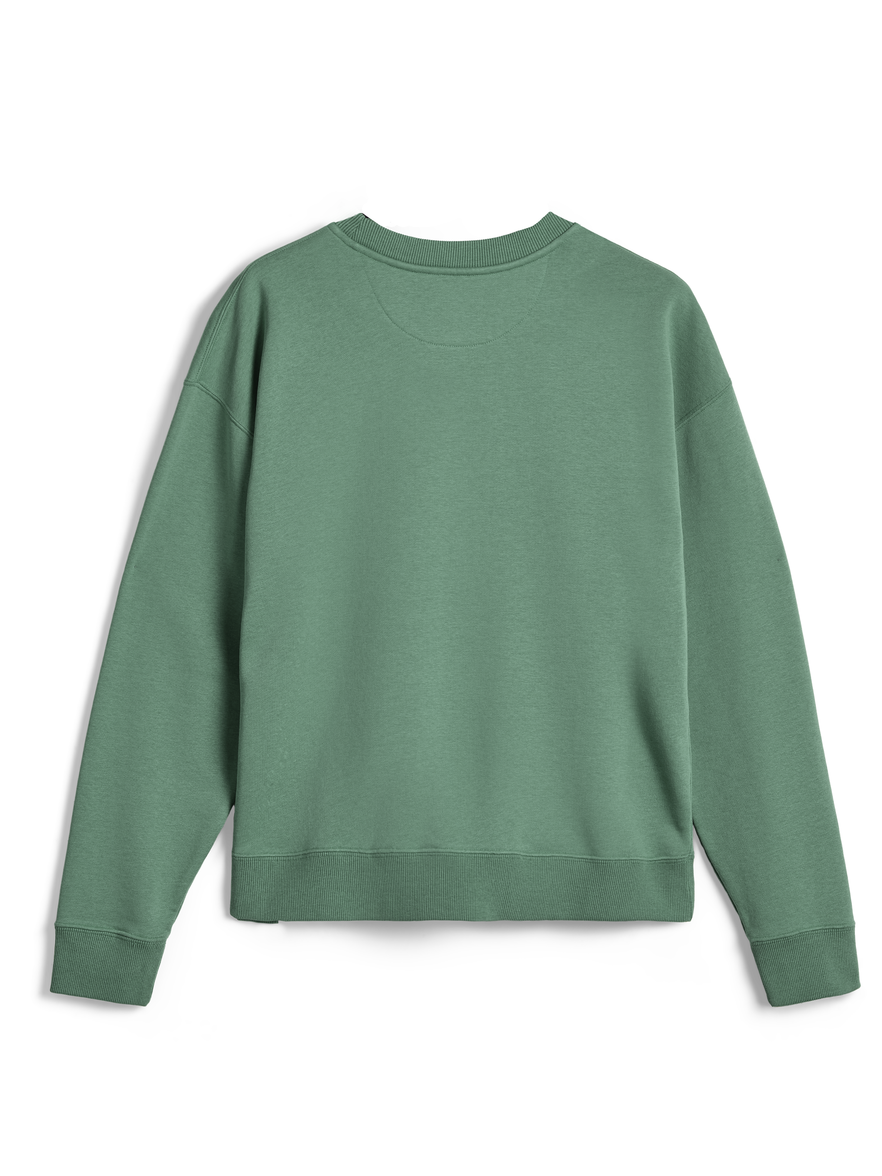 Alpinestars Essentials Ageless Crew, sudadera de cuello redondo premium, verde cactus, vista trasera que muestra el cuello, puños y dobladillo acanalados, color sólido, ropa deportiva casual
