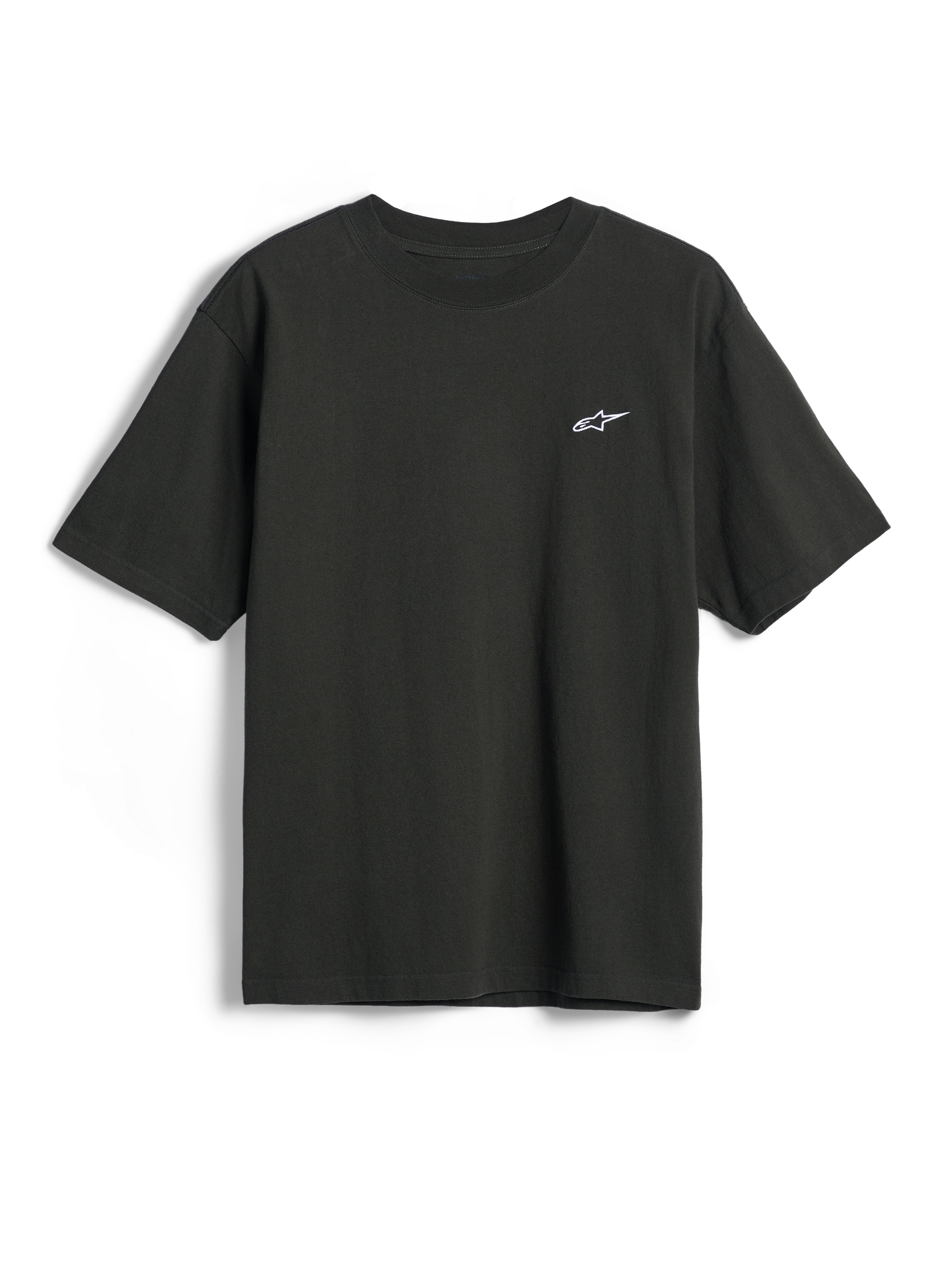 Alpinestars Essentials Ageless SS Tee, camiseta de manga corta, color negro, pequeño logo de la estrella de Alpinestars en blanco en el pecho, ropa urbana casual de estilo motorsport
