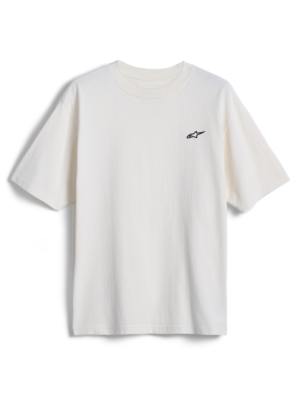 Alpinestars Essentials Ageless SS Tee, camiseta de manga corta, blanco roto, pequeño logo de estrella de Alpinestars negro en el pecho, ropa urbana casual inspirada en el automovilismo