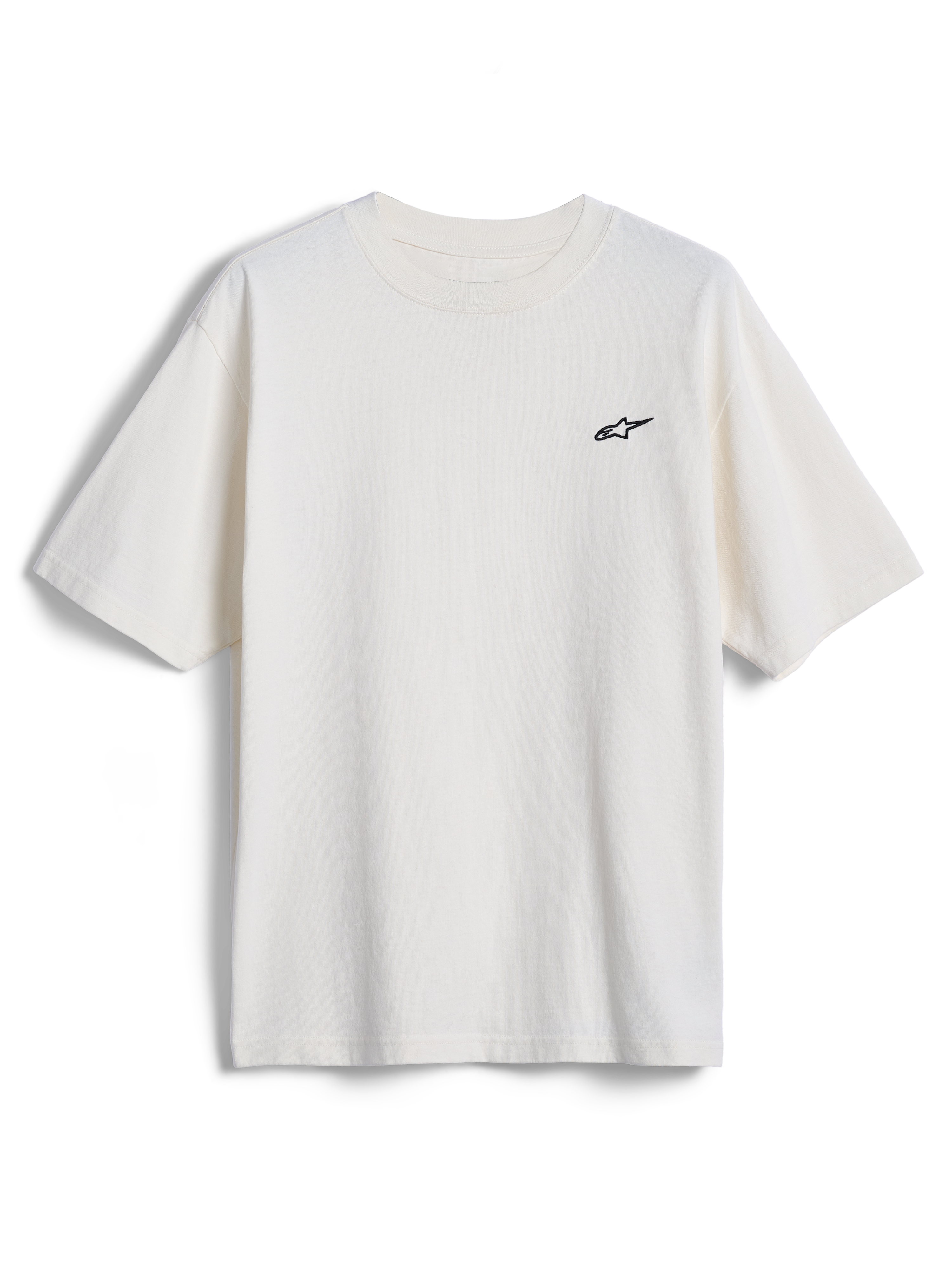 Alpinestars Essentials Ageless SS Tee, camiseta de manga corta, blanco roto, pequeño logo de estrella de Alpinestars negro en el pecho, ropa urbana casual inspirada en el automovilismo