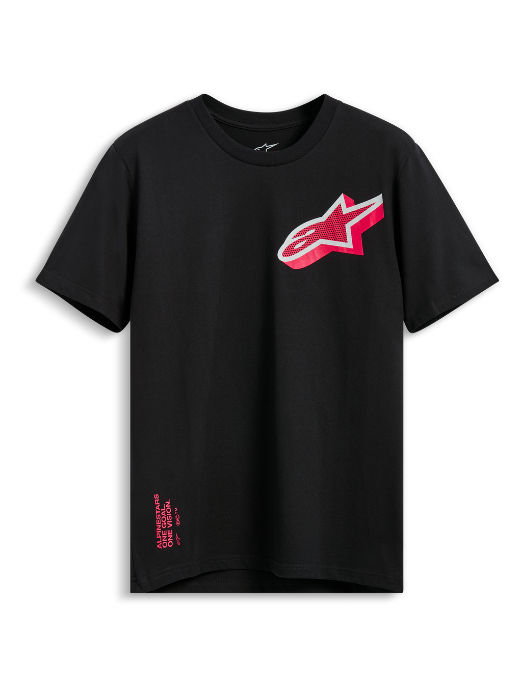 Alpinestars Shaded CSF Tee, camiseta de manga corta, negra, logotipo de Astars inclinado con degradado rosa y blanco, ropa casual de motorsport