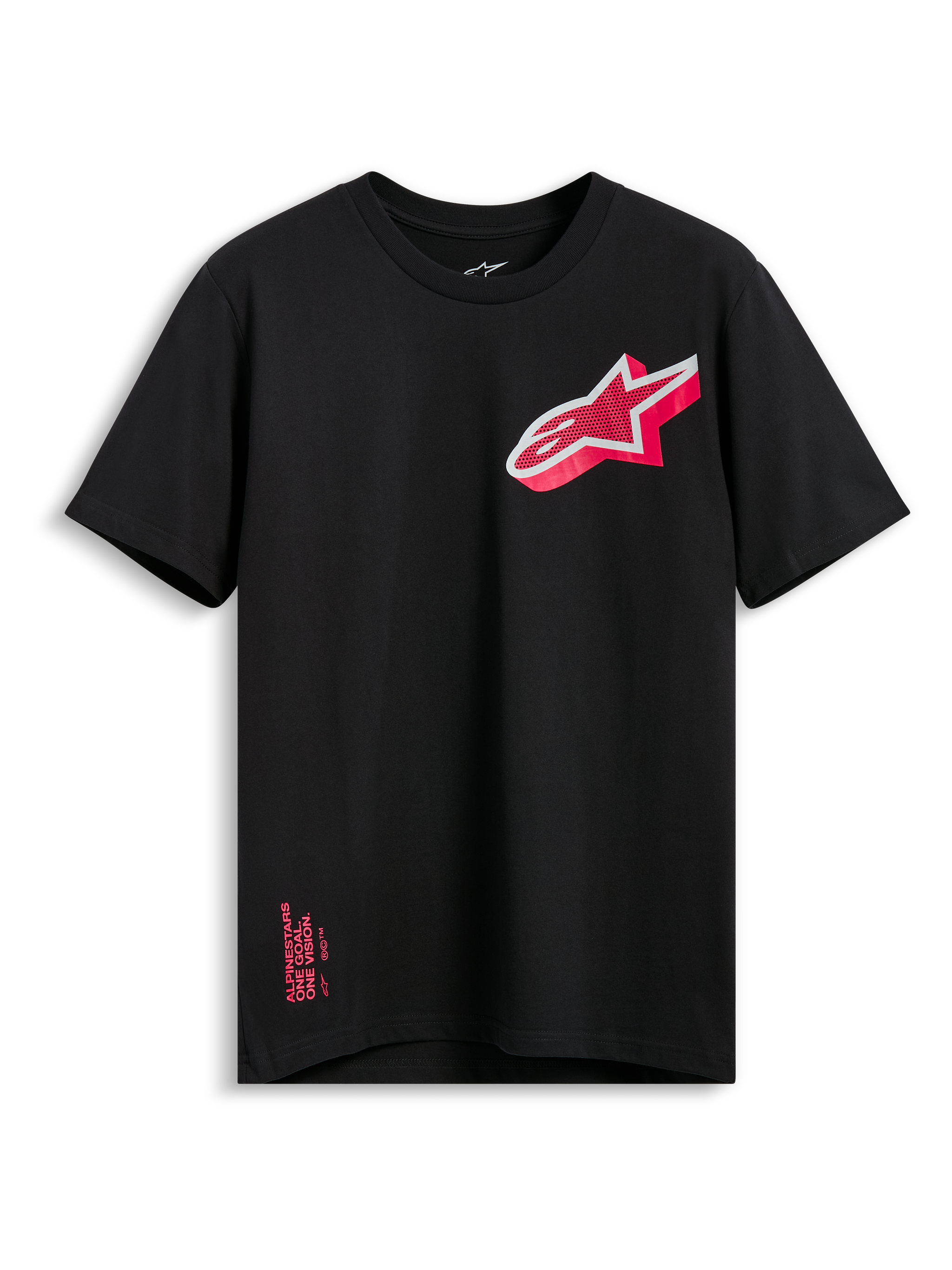 Alpinestars Shaded CSF Tee, camiseta de manga corta, negra, logotipo de Astars inclinado con degradado rosa y blanco, ropa casual de motorsport