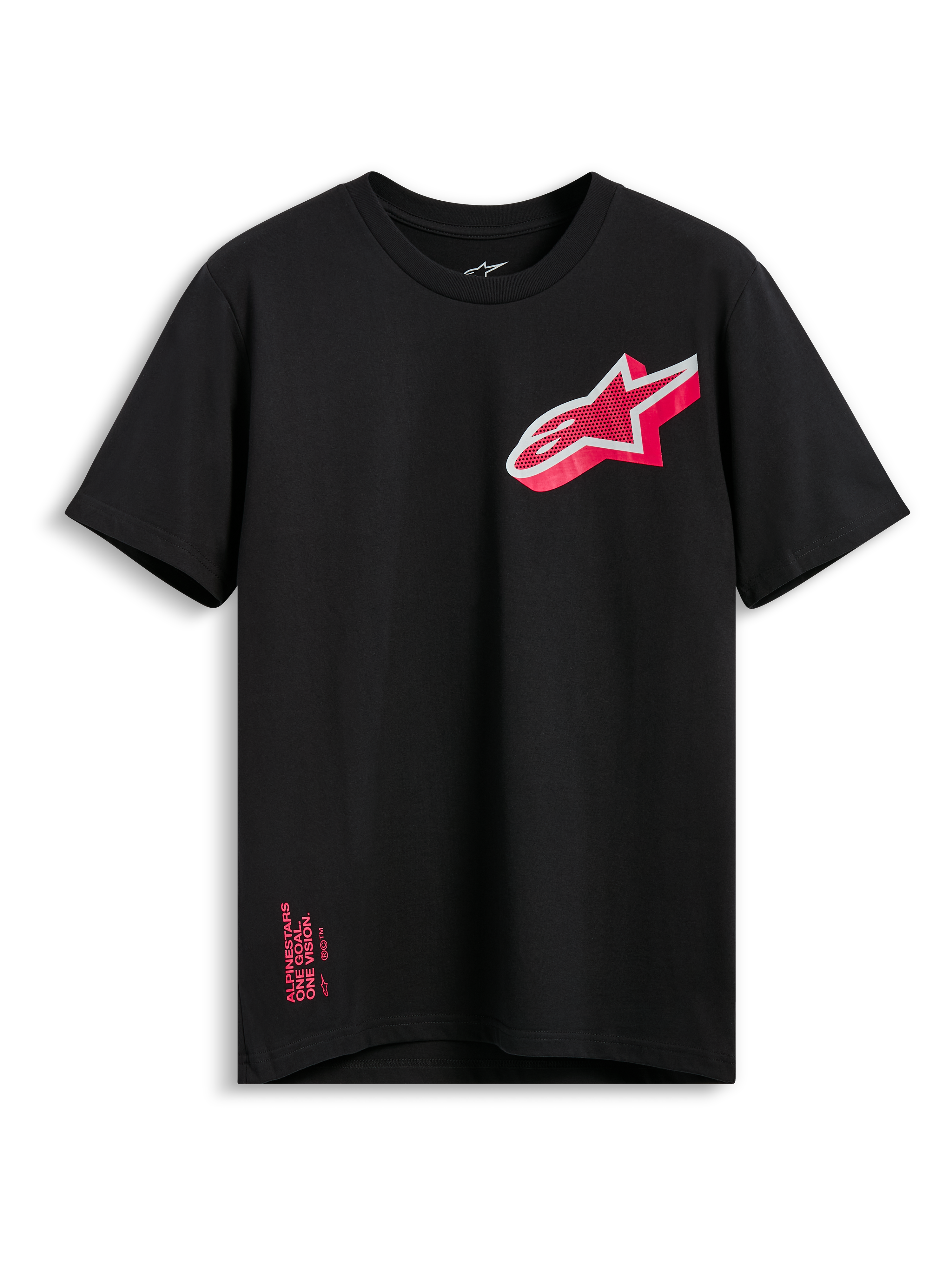 Alpinestars Shaded CSF Tee, camiseta de manga corta, negra, logotipo de Astars inclinado con degradado rosa y blanco, ropa casual de motorsport