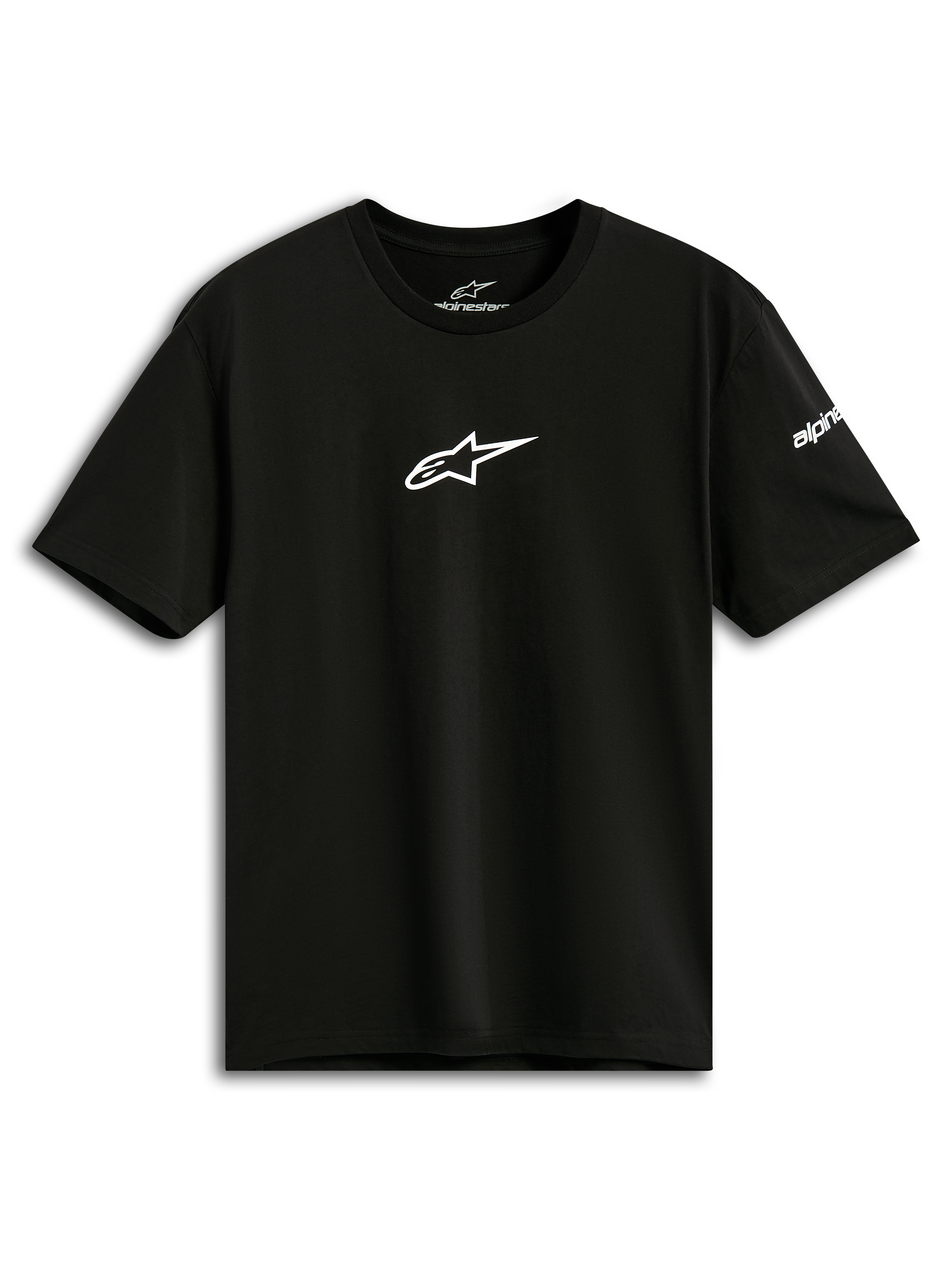Alpinestars Frontal CSF Tee, camiseta de manga corta, negra, logotipo Astars blanco en el pecho, ropa deportiva casual de alto rendimiento