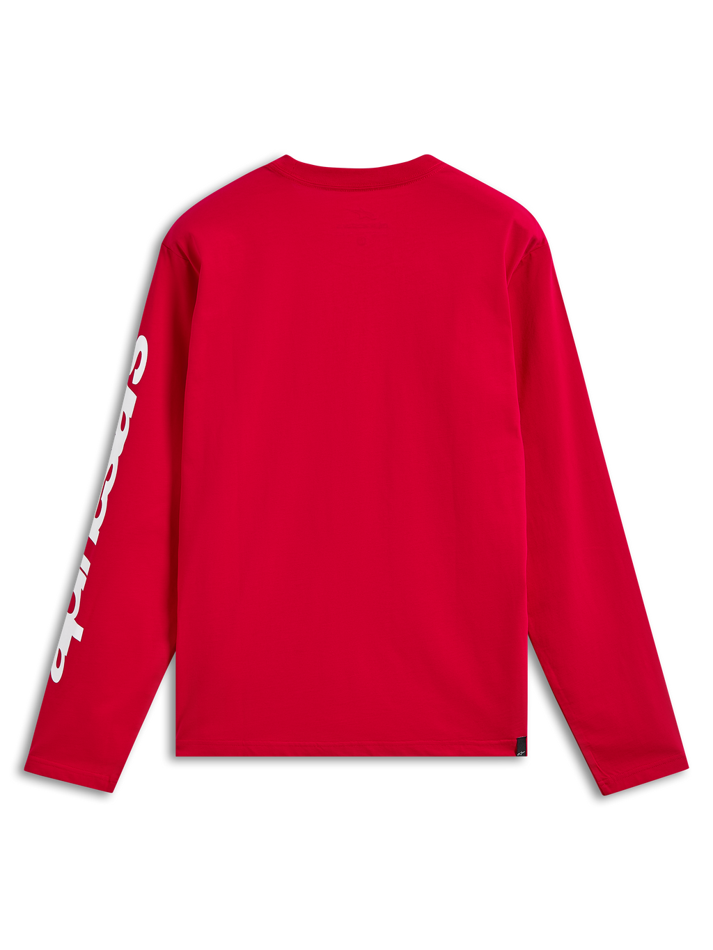 Alpinestars Trackside CSF Tee, camiseta de manga larga, roja, vista trasera que muestra el logotipo blanco en la manga, ropa urbana casual inspirada en el automovilismo