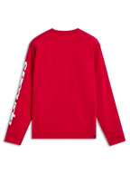 Alpinestars Trackside CSF Tee, camiseta de manga larga, roja, vista trasera que muestra el logotipo blanco en la manga, ropa urbana casual inspirada en el automovilismo