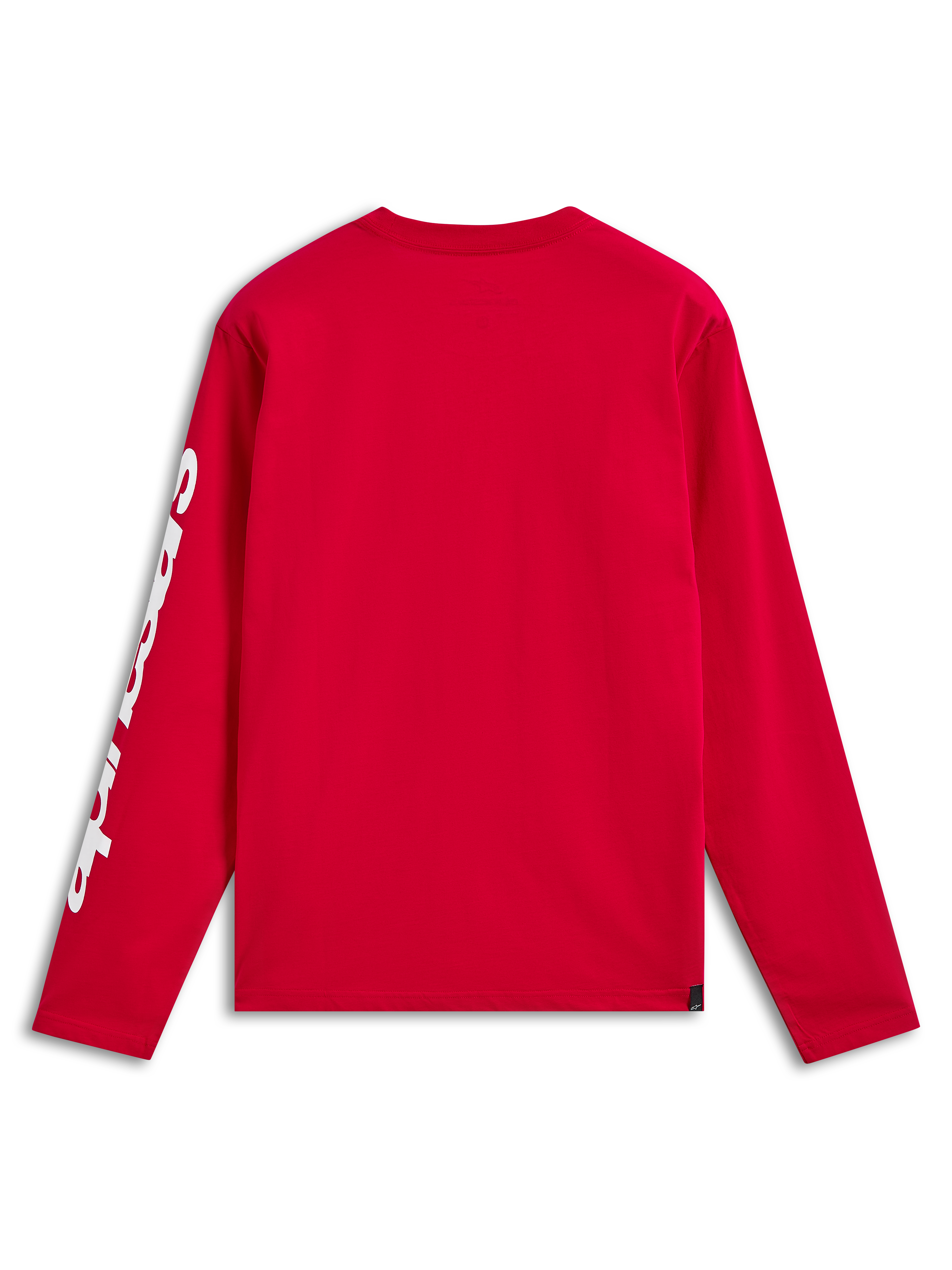 Alpinestars Trackside CSF Tee, camiseta de manga larga, roja, vista trasera que muestra el logotipo blanco en la manga, ropa urbana casual inspirada en el automovilismo
