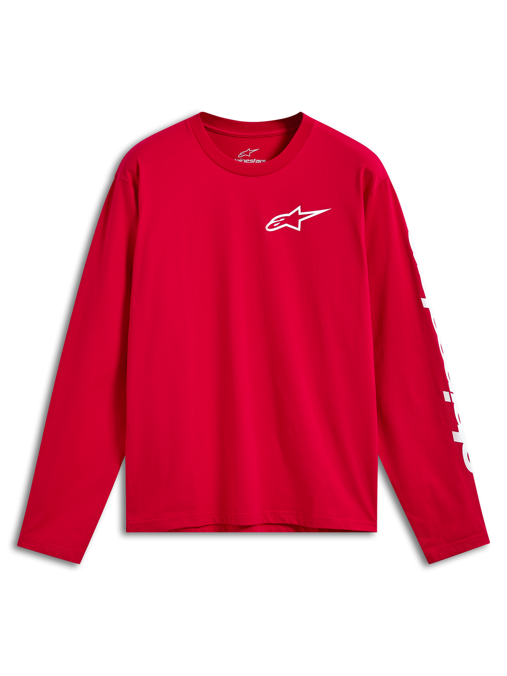 Camiseta Alpinestars Trackside CSF de manga larga, roja con el logotipo Ride 4.0 blanco en el pecho y marca blanca en la manga, ropa deportiva casual de motorsport