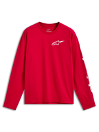 Camiseta Alpinestars Trackside CSF de manga larga, roja con el logotipo Ride 4.0 blanco en el pecho y marca blanca en la manga, ropa deportiva casual de motorsport