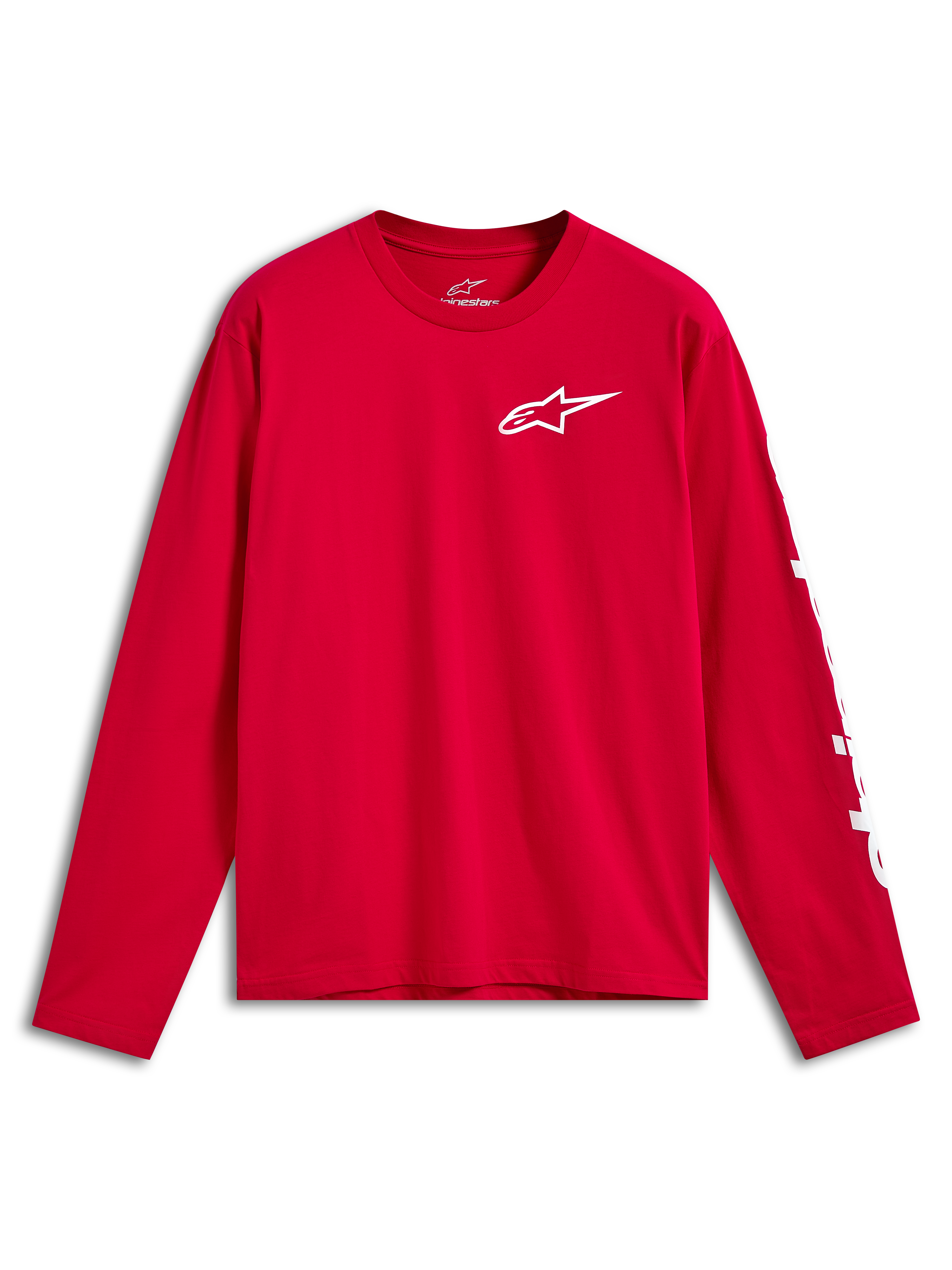 Camiseta Alpinestars Trackside CSF de manga larga, roja con el logotipo Ride 4.0 blanco en el pecho y marca blanca en la manga, ropa deportiva casual de motorsport