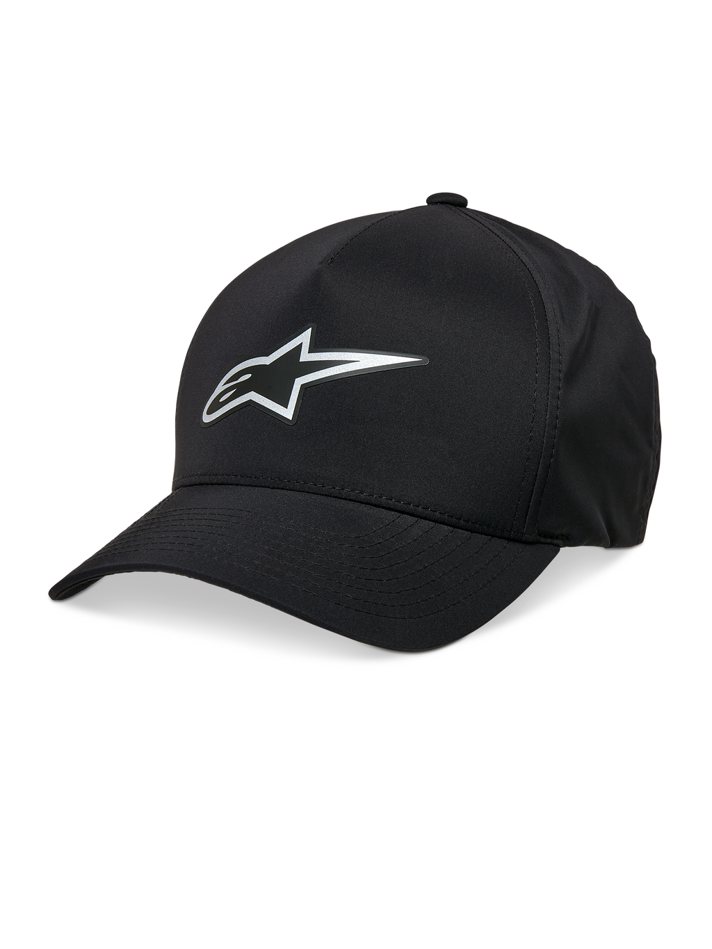 Alpinestars Ageless Reflex Waterproof Hat, Black Baseball Cap, Curved Brim, Silver Reflective Astars Logo, Structured Crown, Waterproof Technical Fabric, Casual Motorsport Headwear