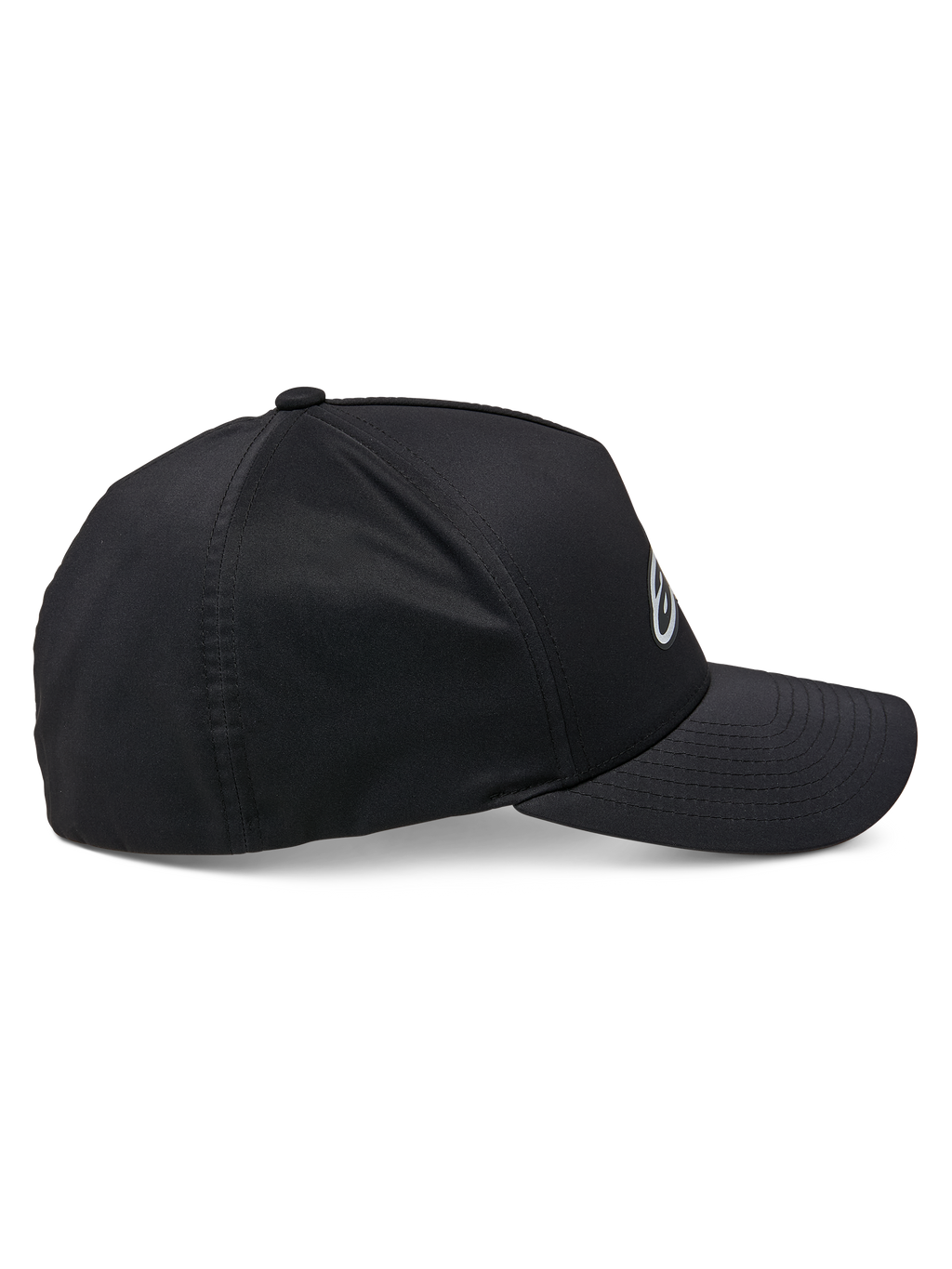Alpinestars Ageless Reflex Waterproof Hat, Black, side profile view, curved bill with structured crown, technical waterproof fabric with reflective logo detail, casual performance headwear