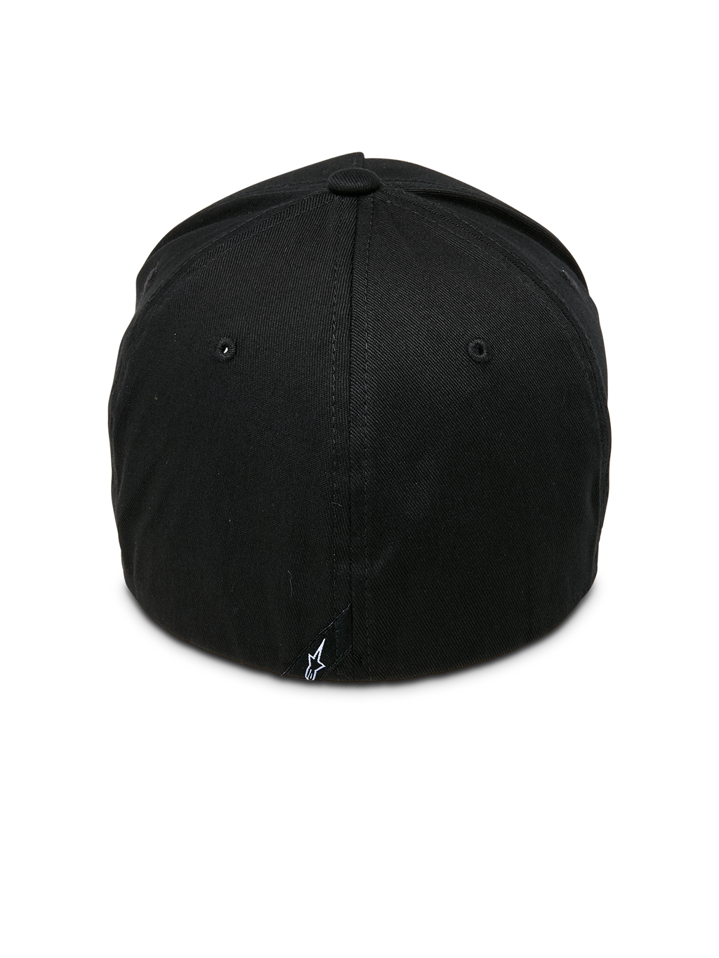 Alpinestars Ride Sonic Hat, Black and White, rear view featuring structured crown and flex-back construction, small white star logo tag, casual motorsport-inspired headwear