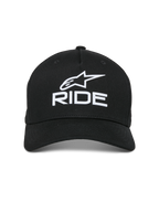 Alpinestars Ride Sonic Hat, Black, features white 3D embroidered logo with the Alpinestars star and 'RIDE' lettering, curved bill, structured crown, casual motorsport-inspired streetwear
