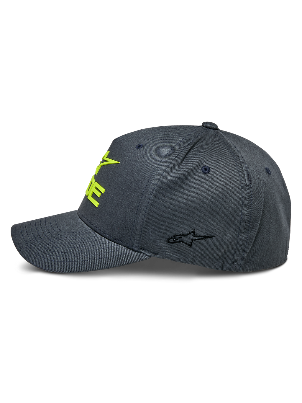 Alpinestars Ride Sonic Hat, Charcoal and Hi-Vis Yellow, side profile view showing curved bill and structured crown, 3D embroidered yellow logo on front and small black star logo on side panel, casual motorsport headwear
