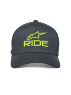 Alpinestars Ride Sonic Hat, Charcoal Grey with Hi-Vis Yellow, 3D embroidered Alpinestars logo and RIDE text, curved bill, structured crown, casual motorsport-inspired headwear
