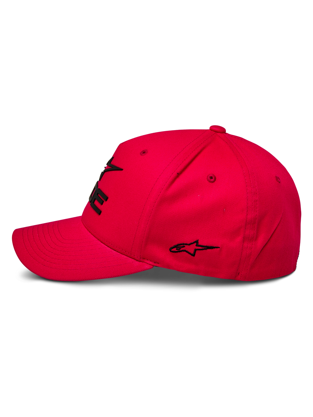 Alpinestars Ride Sonic Hat, Sportswear Cap, Red, Profile view featuring curved bill and structured crown, black 3D embroidered logo and star detail, casual motorsport-inspired design