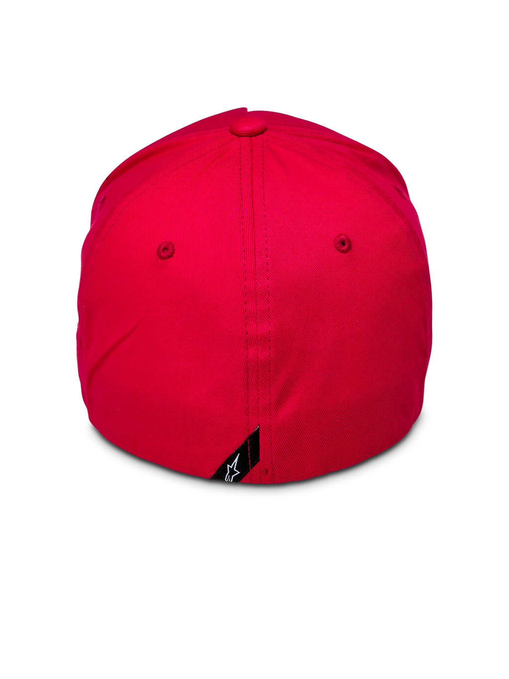 Alpinestars Ride Sonic Hat, back view of red baseball cap, structured crown with flex back design, small black tag with white Alpinestars star logo on the rear, casual red stretch twill headwear