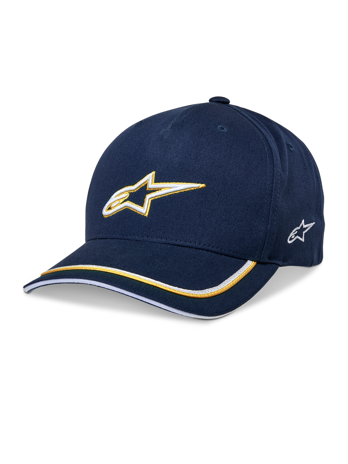 Gorra Alpinestars Ascension Snapback, gorra de béisbol, azul marino y dorado, logotipo Astars bordado en 3D, visera curva con rayas amarillas y blancas, accesorio casual de automovilismo