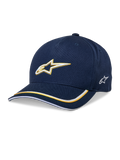 Gorra Alpinestars Ascension Snapback, gorra de béisbol, azul marino y dorado, logotipo Astars bordado en 3D, visera curva con rayas amarillas y blancas, accesorio casual de automovilismo