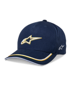 Gorra Alpinestars Ascension Snapback, gorra de béisbol, azul marino y dorado, logotipo Astars bordado en 3D, visera curva con rayas amarillas y blancas, accesorio casual de automovilismo