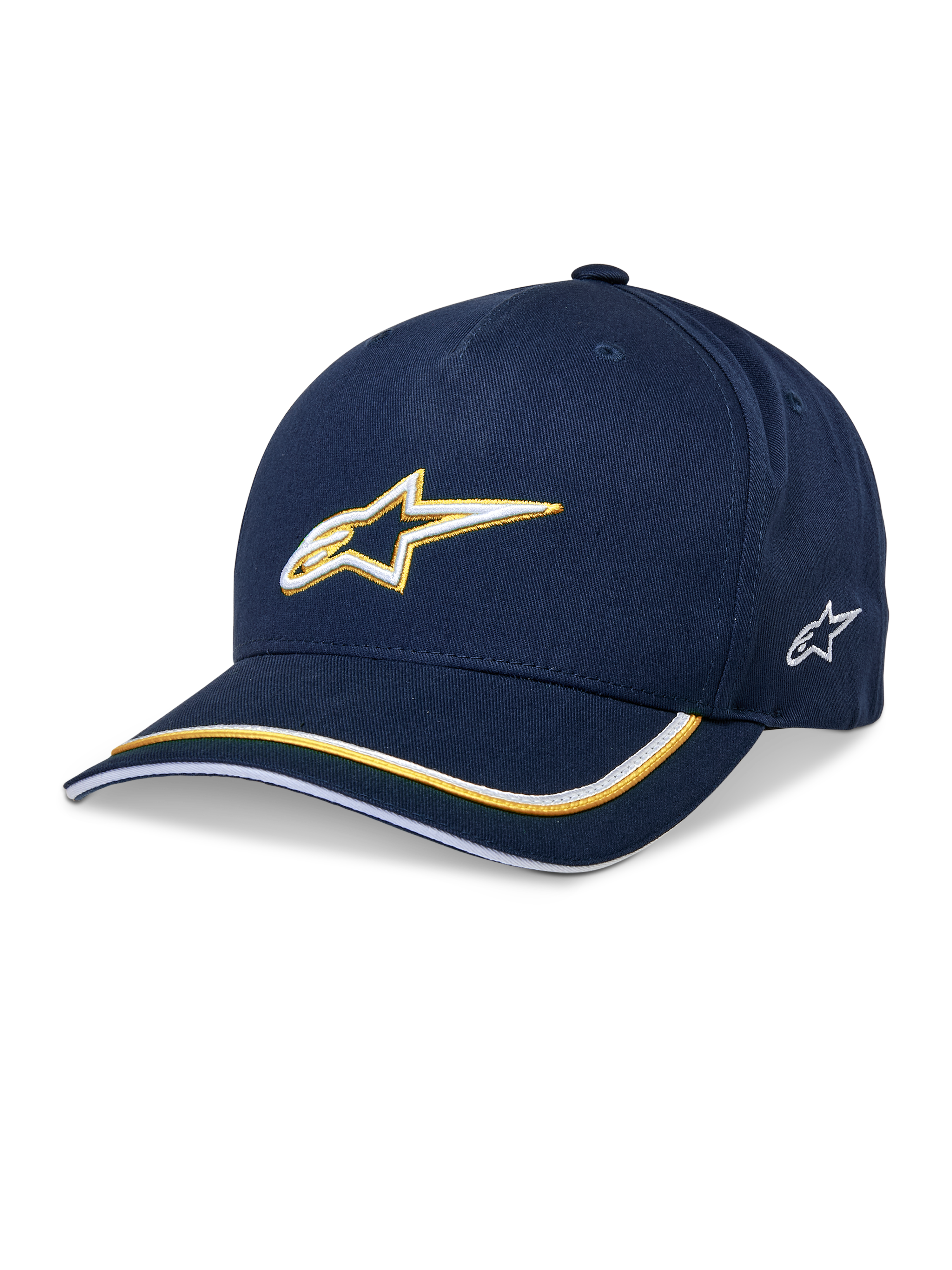 Gorra Alpinestars Ascension Snapback, gorra de béisbol, azul marino y dorado, logotipo Astars bordado en 3D, visera curva con rayas amarillas y blancas, accesorio casual de automovilismo