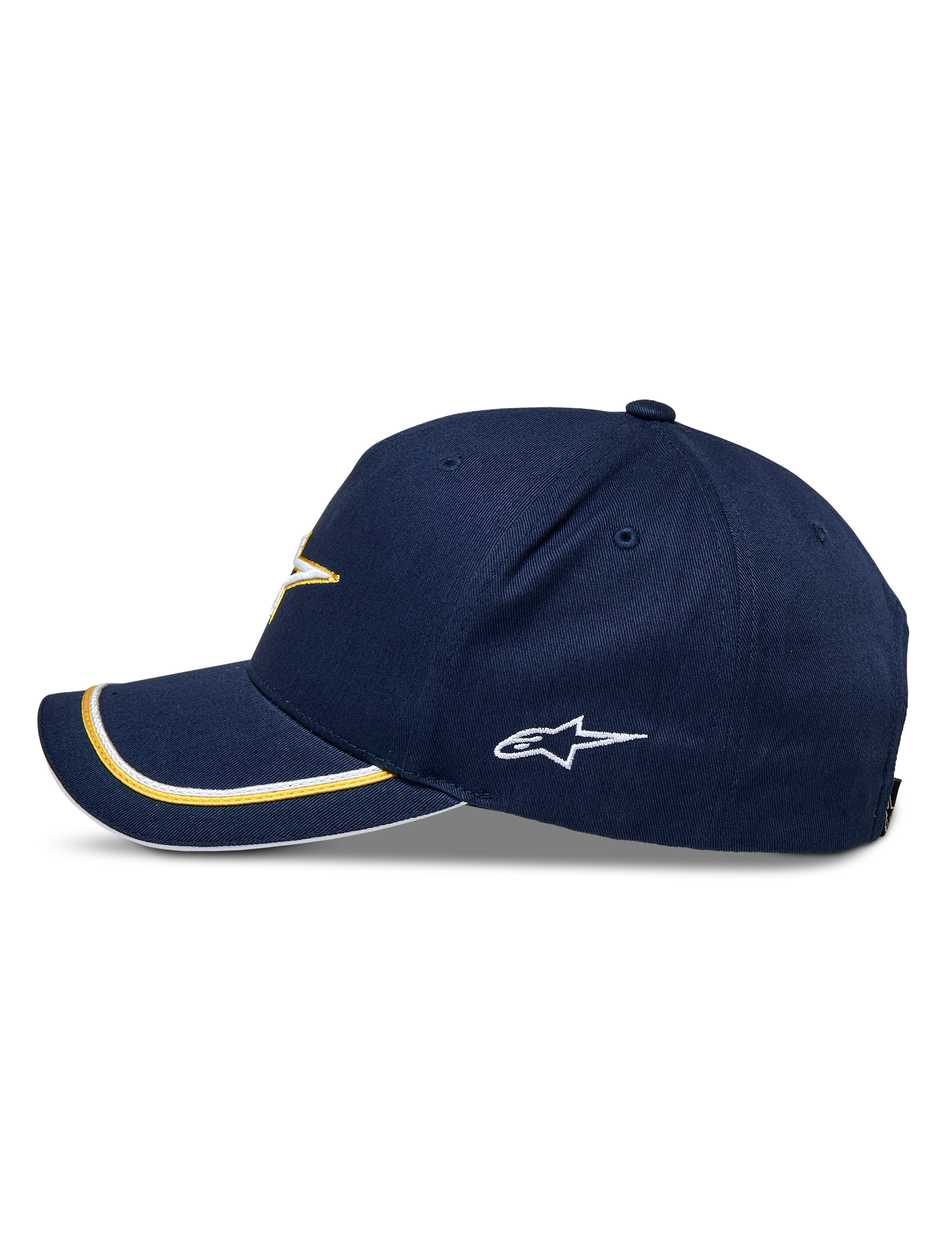 Alpinestars Gorra Snapback Ascension, azul marino y dorado, perfil lateral con visera curva y doble ribete sutache en dorado y blanco, logotipo lateral bordado, estilo casual motorsport