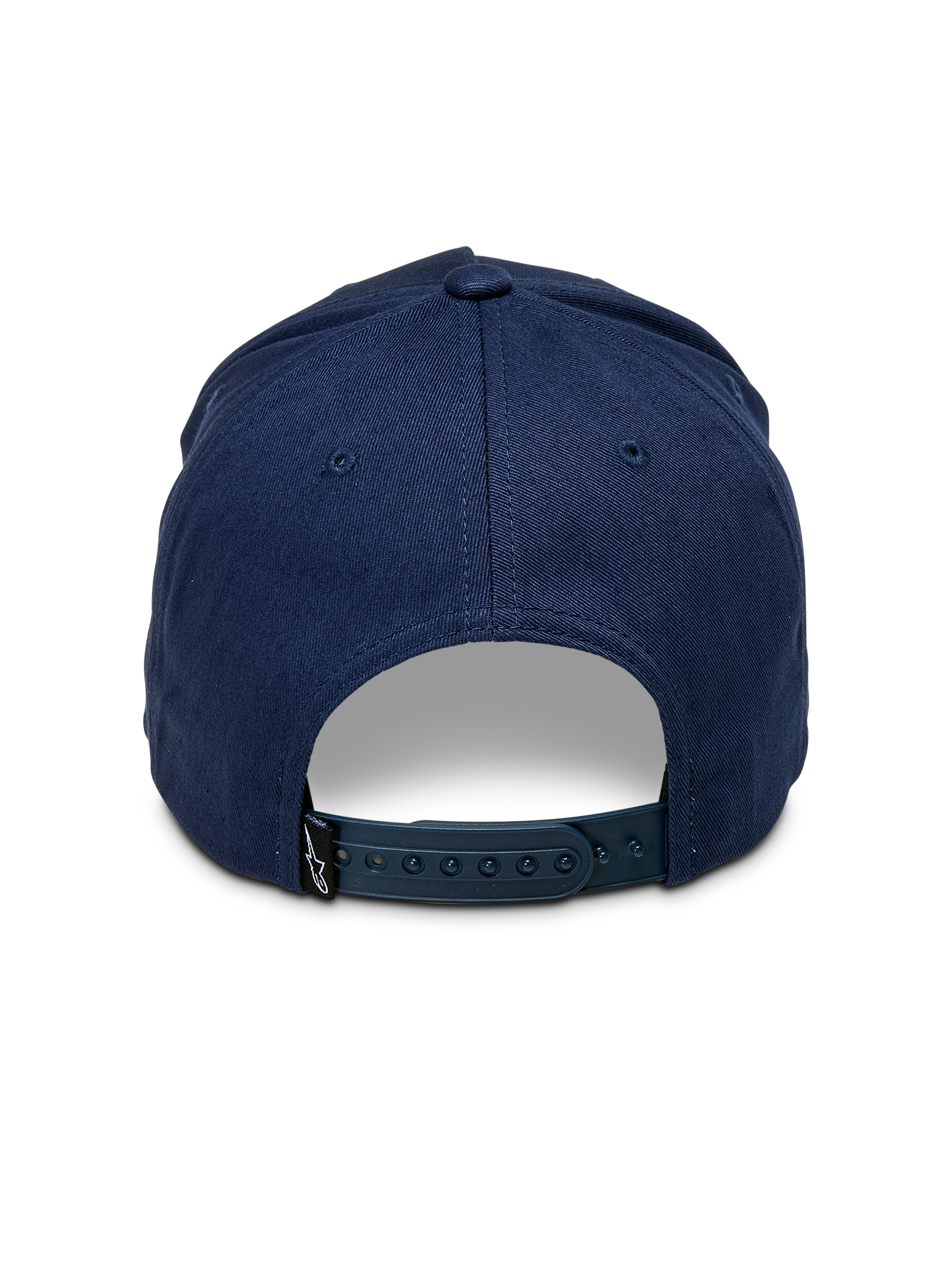 Gorra Snapback Alpinestars Ascension, azul marino, vista trasera con cierre ajustable y corona estructurada, pequeña etiqueta negra con el logo Astars, estilo streetwear casual para motorsport