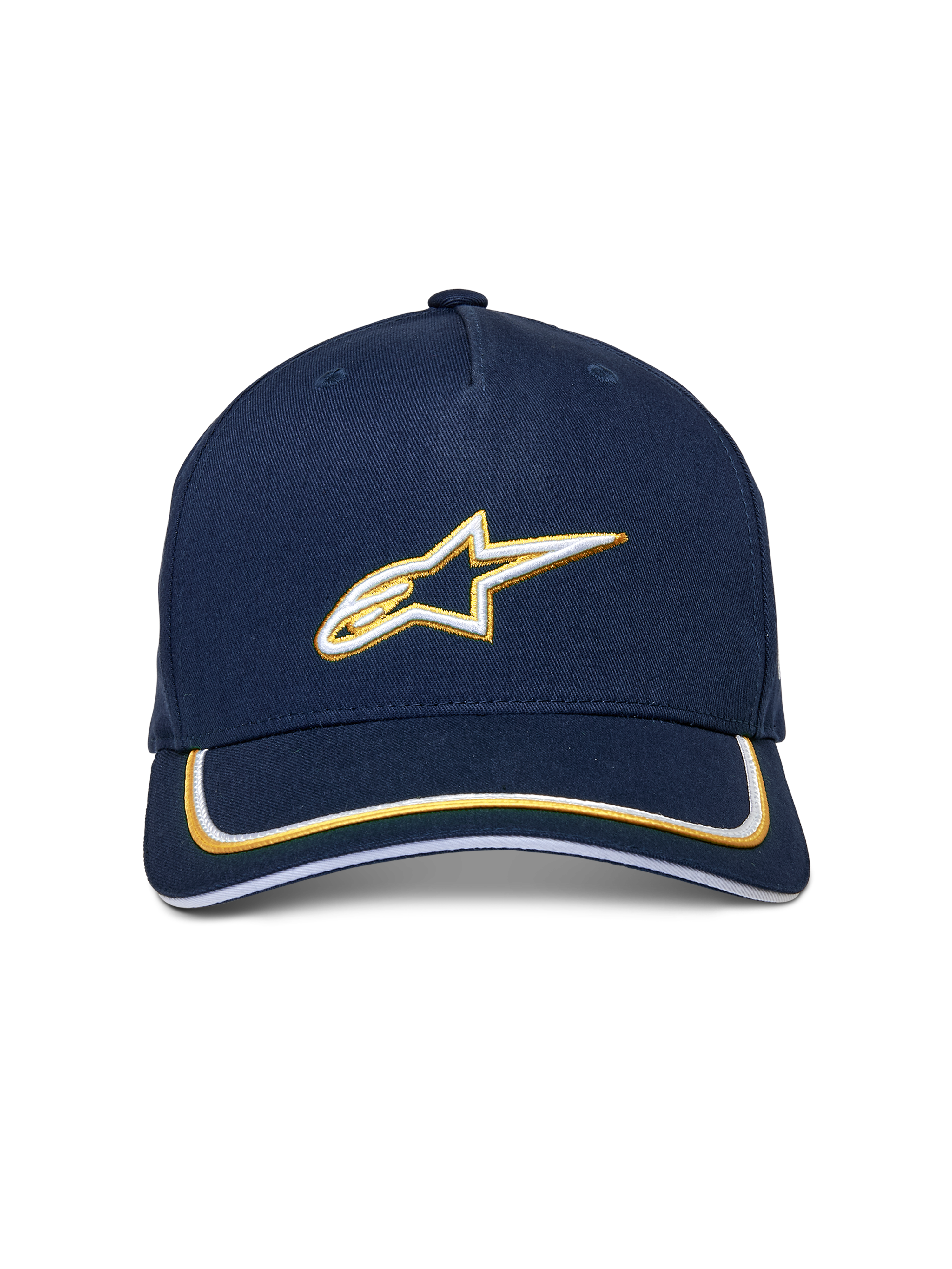 Alpinestars Ascension Snapback Hat, azul marino y dorado, logotipo Astars bordado en 3D en blanco y dorado, visera curva con doble ribete sutache, accesorio casual inspirado en el automovilismo