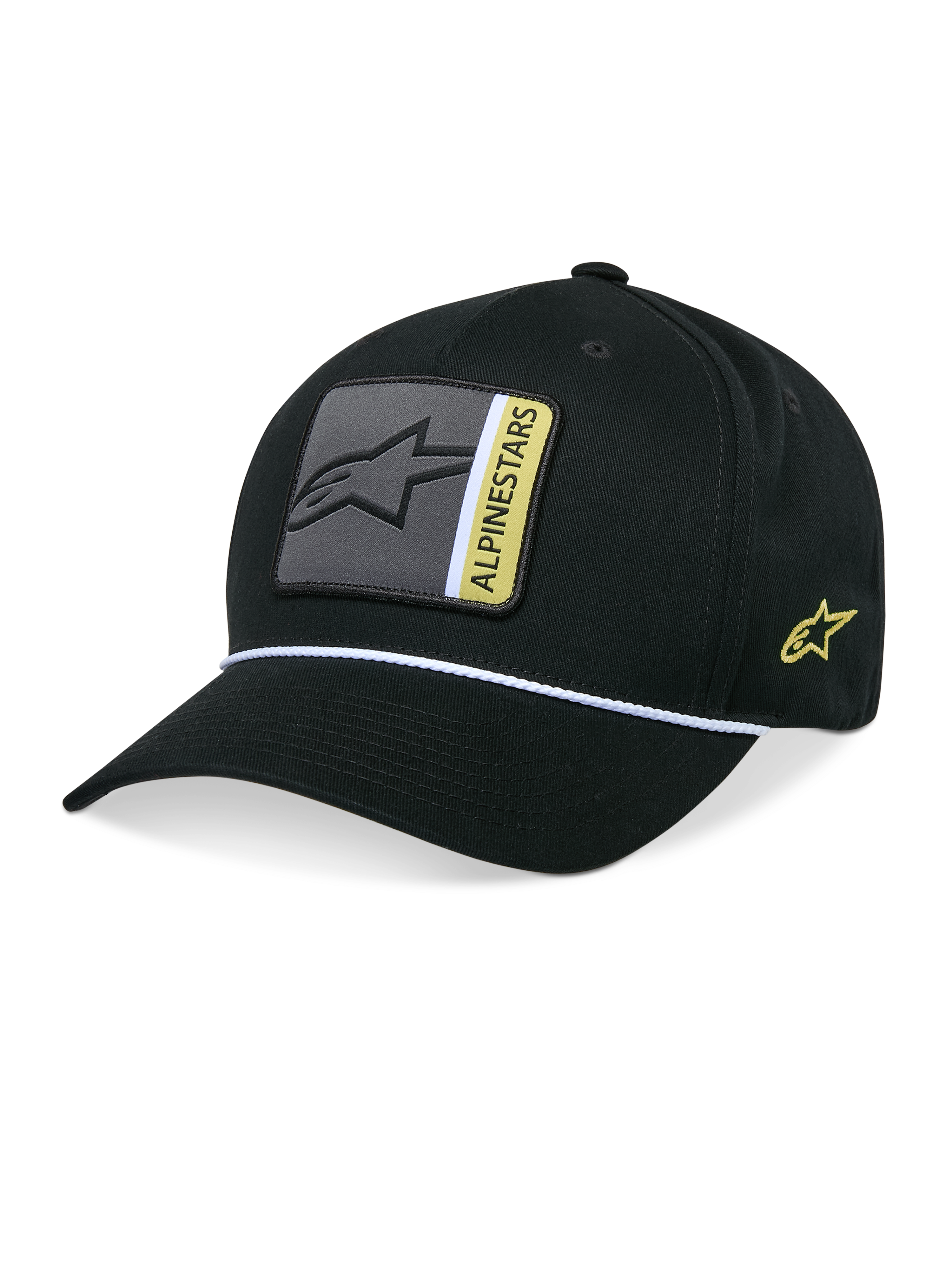 Alpinestars Specific Snapback Hat, gorra negra de visera curva con ribete de cuerda trenzada blanca, parche frontal con logotipo gris y amarillo, bordado lateral amarillo, corona estructurada, accesorio casual inspirado en el motorsport