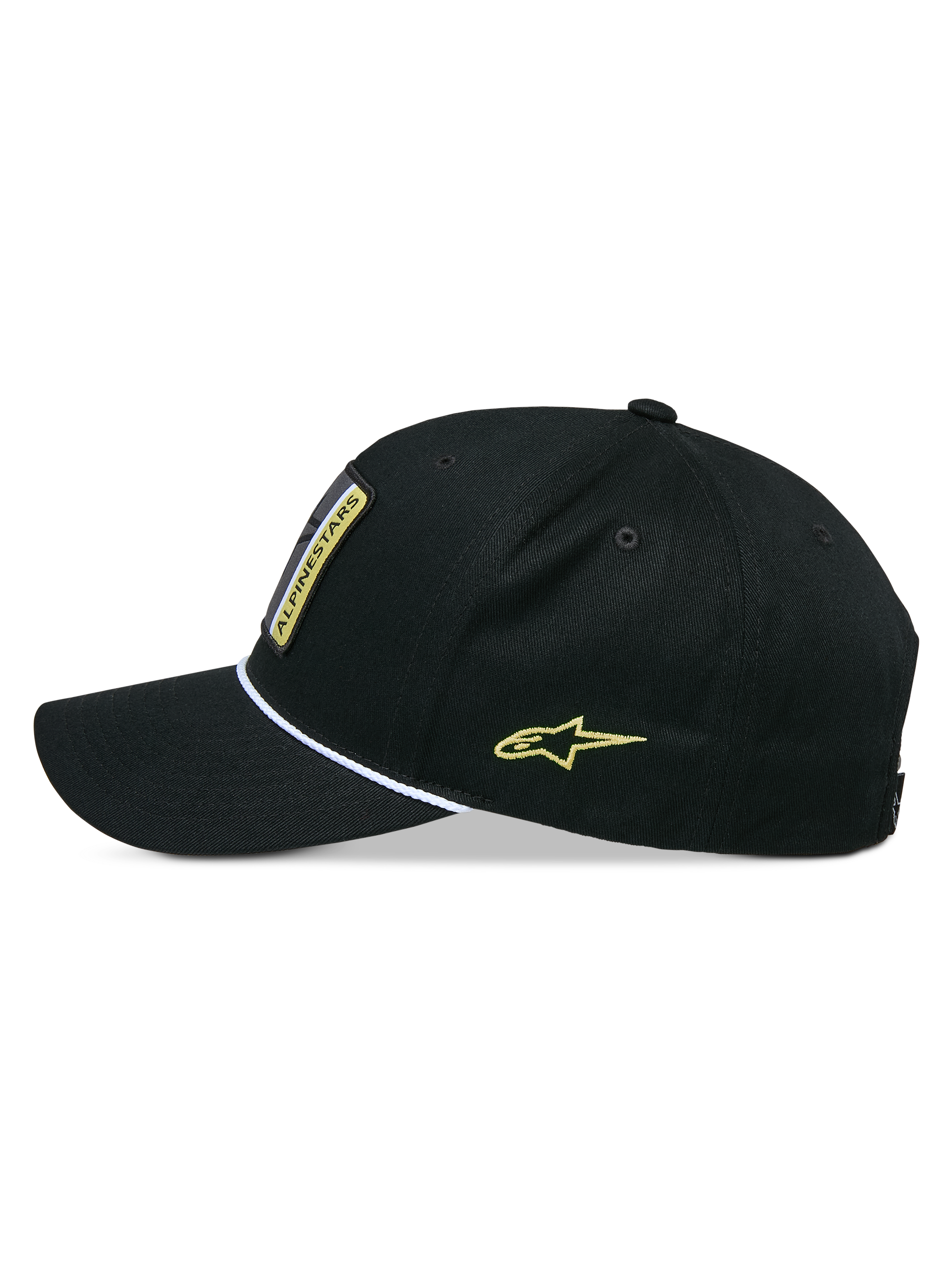 Gorra Snapback Specific de Alpinestars, negra, vista de perfil lateral con visera curva y ribete de cuerda trenzada blanca, bordado del logotipo Astars en amarillo en el lateral, corona estructurada, gorra de estilo casual