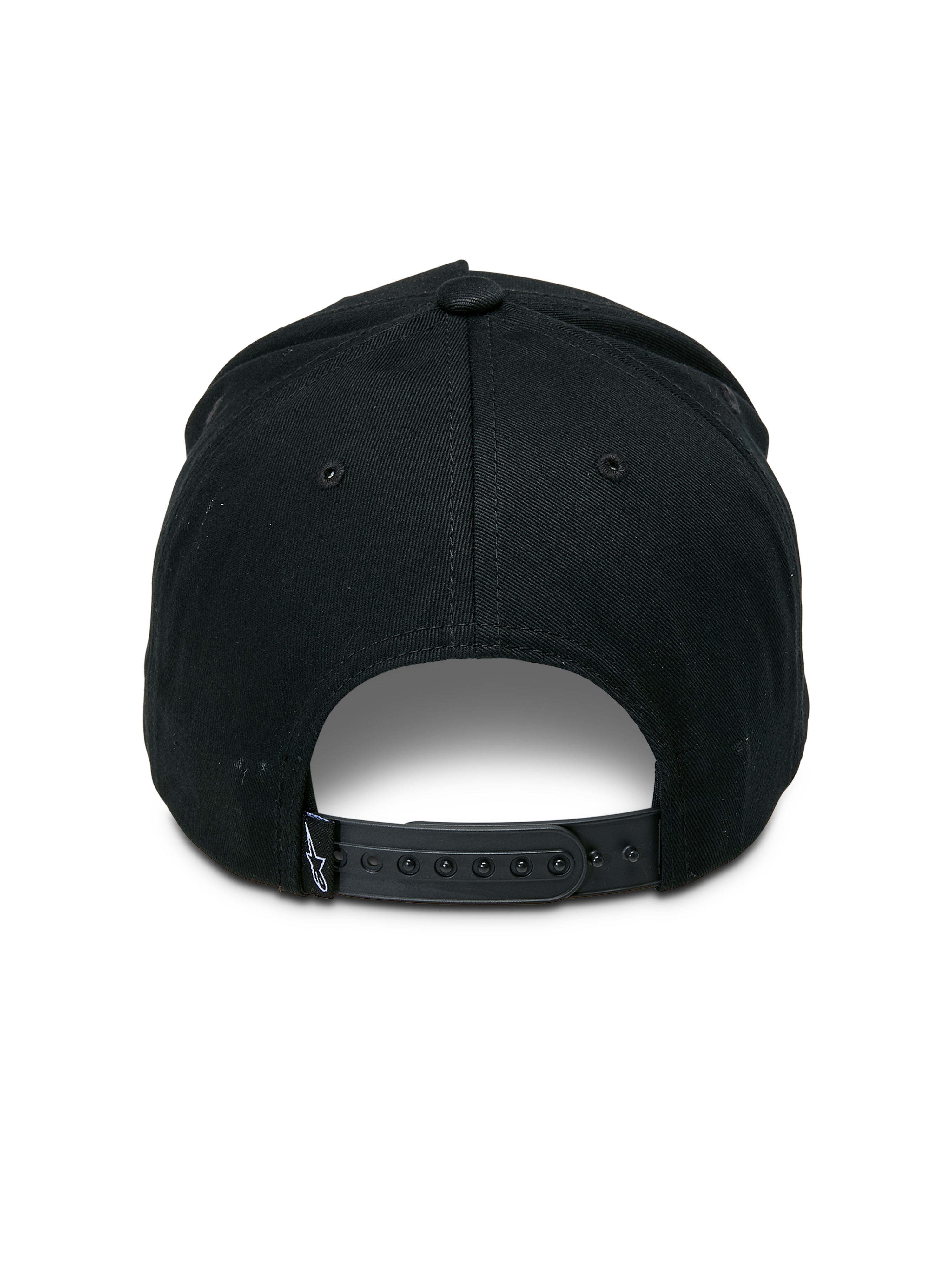 Gorra Alpinestars Specific Snapback, negra, vista trasera con un cierre de presión de plástico ajustable y un pequeño logotipo Astars blanco en la etiqueta trasera, corona estructurada, accesorio de cabeza casual de estilo motorsport