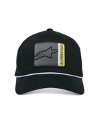 Gorra Snapback Alpinestars Specific, negra, parche frontal del logotipo Astars multicolor con detalles en gris y amarillo, ribete de cuerda trenzada blanca, visera curva, corona estructurada, estilo urbano casual