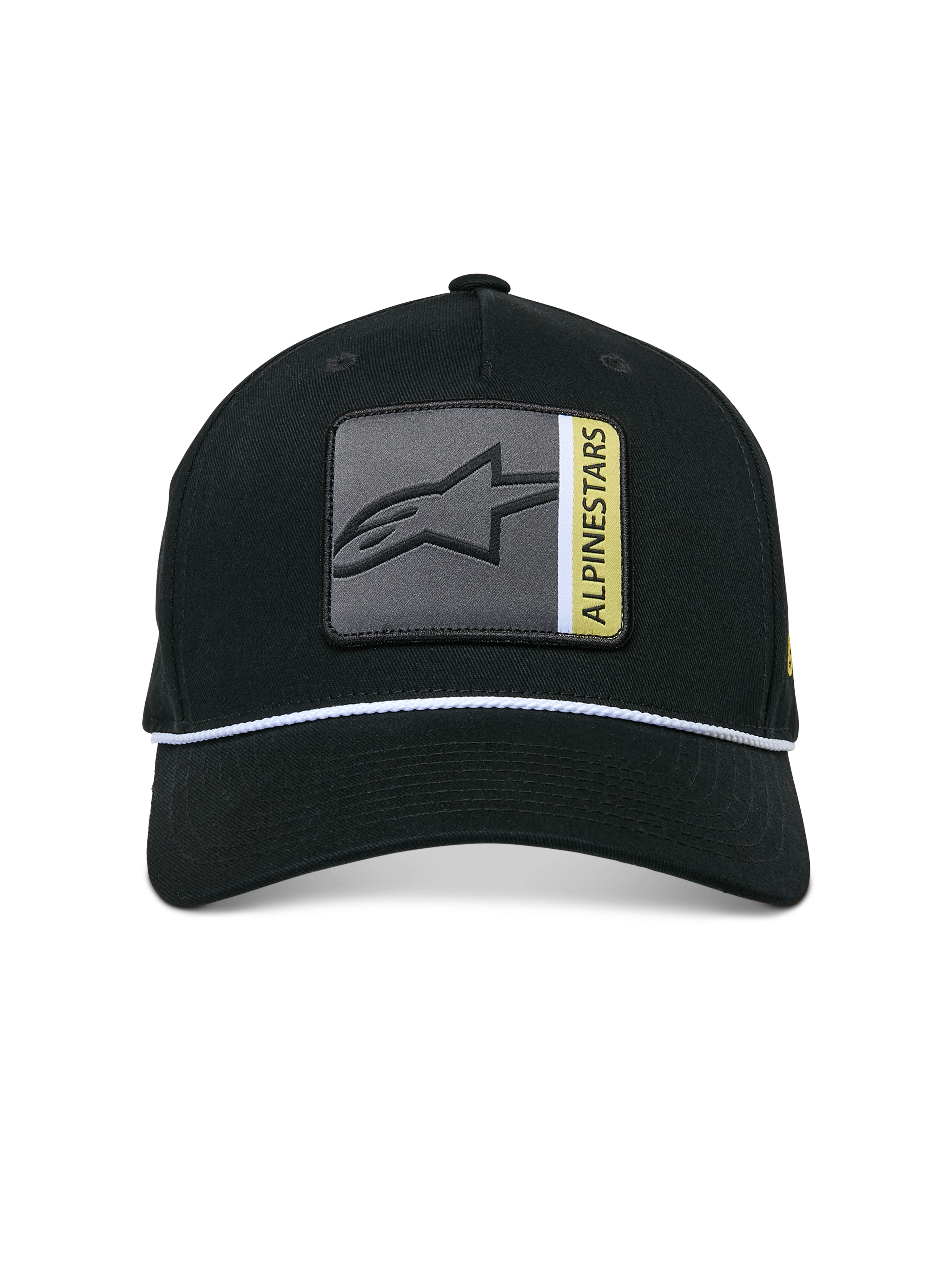 Gorra Snapback Alpinestars Specific, negra, parche frontal del logotipo Astars multicolor con detalles en gris y amarillo, ribete de cuerda trenzada blanca, visera curva, corona estructurada, estilo urbano casual
