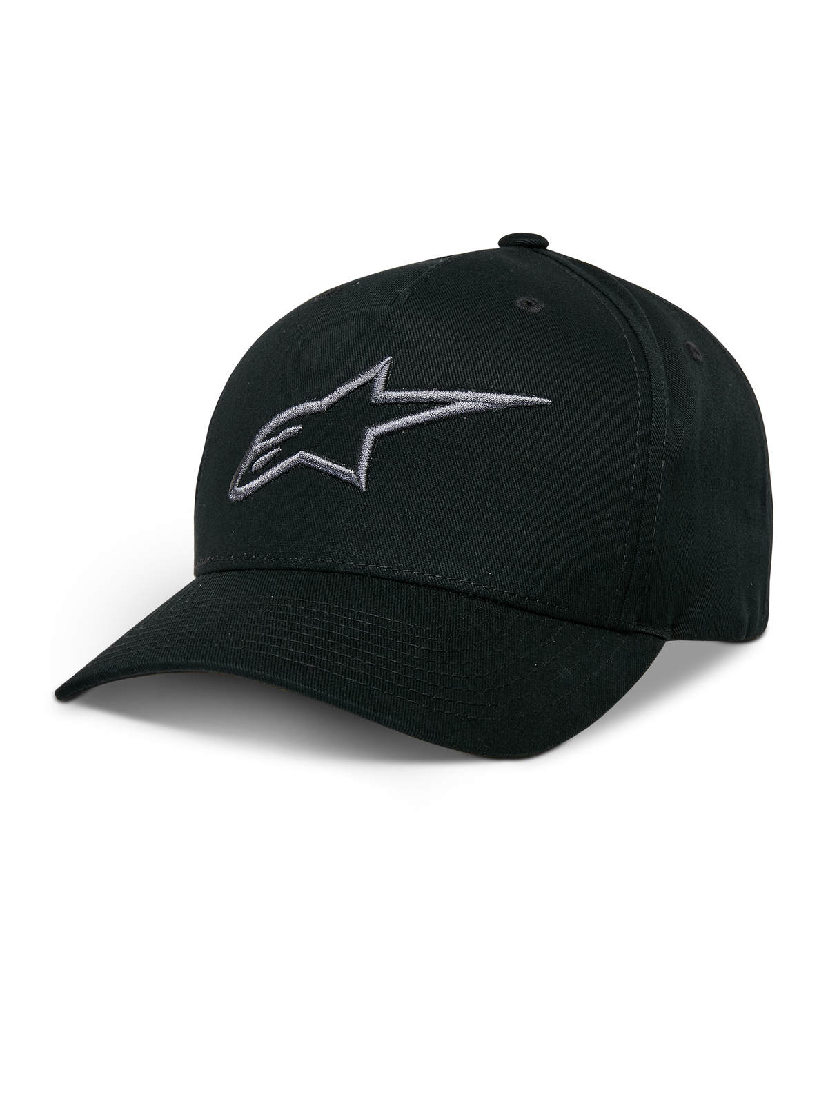 Alpinestars Ageless Snapback Hat, Black Baseball Cap with Charcoal Embroidered Star Logo, Curved Bill, Structured Crown, Casual Motorsport Headwear