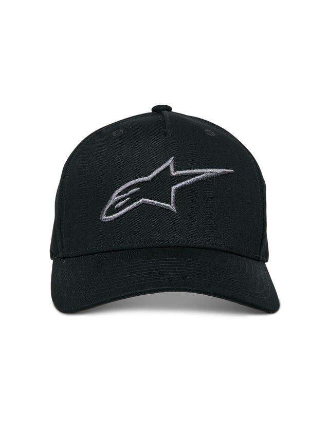 Alpinestars Ageless Snapback Hat, Black Charcoal, curved bill, structured crown, 3D embroidered linear logo, casual motorsport-inspired headwear