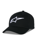 Alpinestars Ageless Snapback Hat, black cotton twill cap, structured crown with curved bill, white 3D embroidered star logo, casual motorsport-inspired sportswear