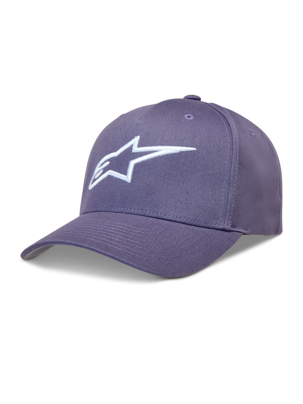 Alpinestars Ageless Snapback, gorra morada de sarga con visera curva y logotipo Astars bordado en 3D blanco.