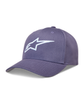Alpinestars Ageless Snapback, gorra morada de sarga con visera curva y logotipo Astars bordado en 3D blanco.