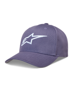 Alpinestars Ageless Snapback, gorra morada de sarga con visera curva y logotipo Astars bordado en 3D blanco.