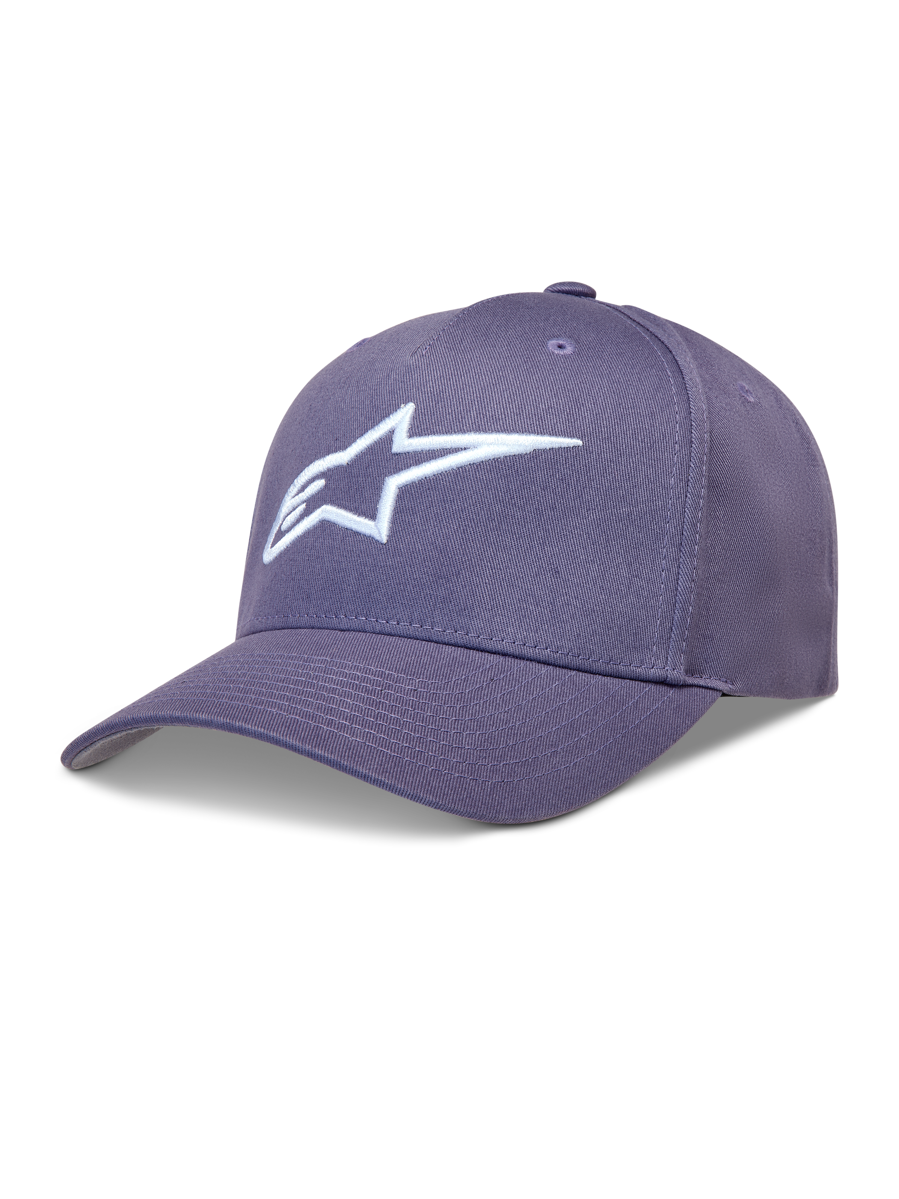 Alpinestars Ageless Snapback, gorra morada de sarga con visera curva y logotipo Astars bordado en 3D blanco.