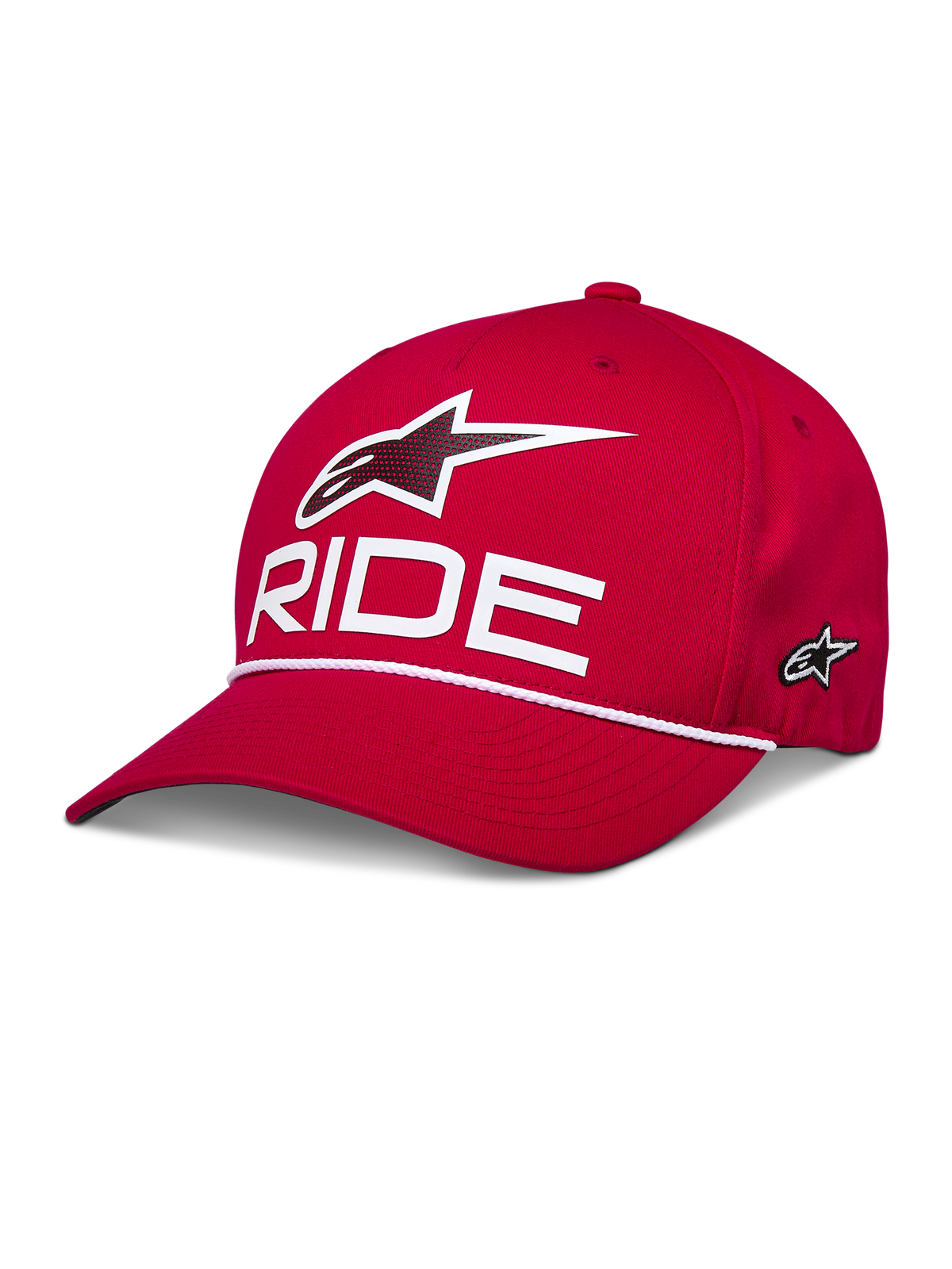 Gorra Snapback Ride Comp de Alpinestars, roja, con logotipo Astars en 3D y texto "RIDE" en blanco, visera curva con ribete de cuerda trenzada blanca, corona estructurada, estilo deportivo casual