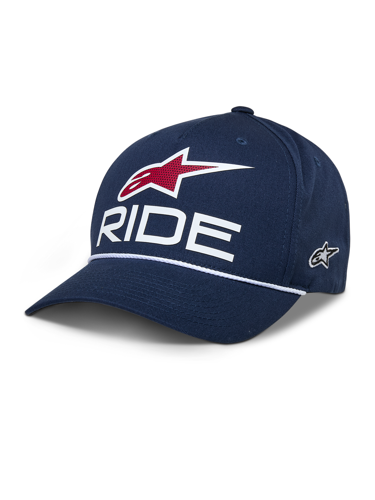 Gorra Snapback Alpinestars Ride Comp, gorra de béisbol azul marino, logotipo de estrella roja y texto RIDE en blanco, visera curva con cordón trenzado blanco, accesorio casual de automovilismo