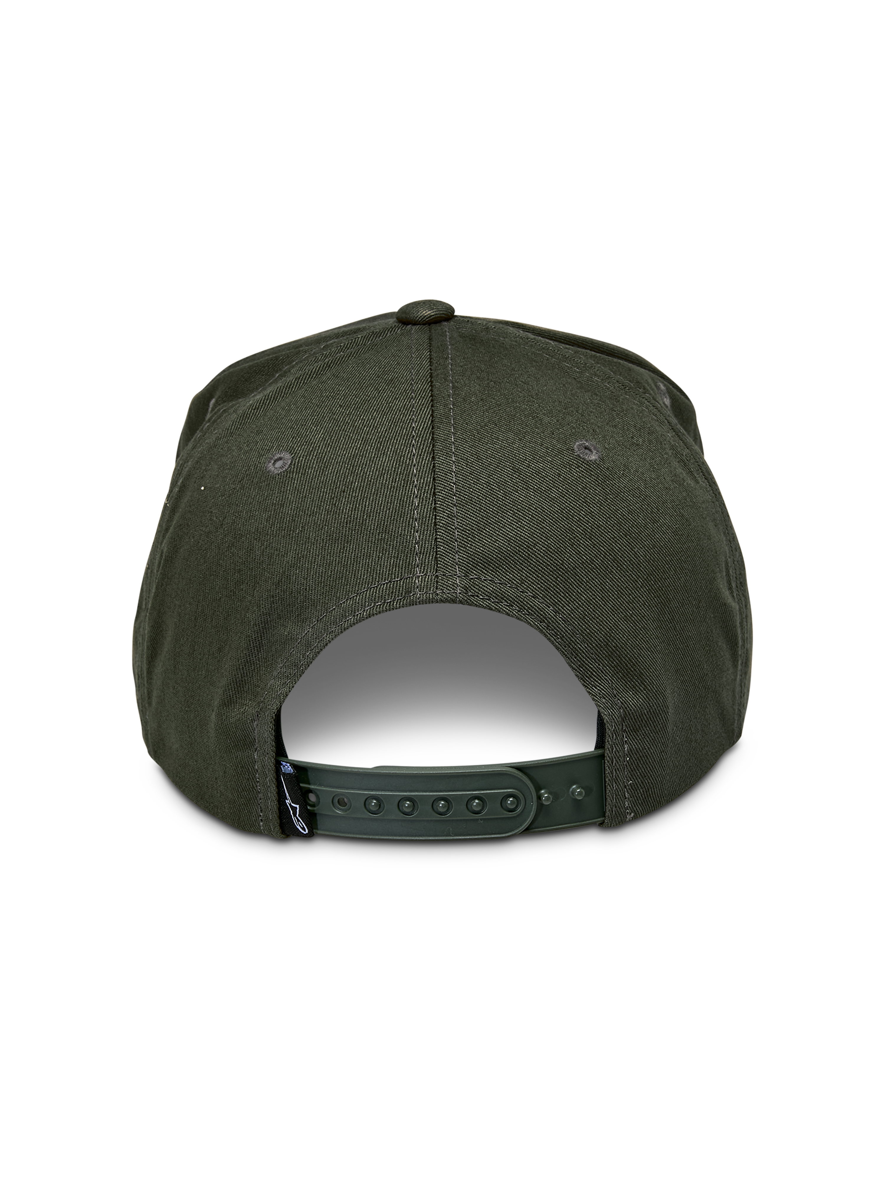Gorra Snapback Alpinestars Promptus, verde militar, vista trasera con cierre ajustable a presión y tejido de sarga de algodón, pequeña etiqueta negra de la marca, accesorio casual inspirado en el automovilismo